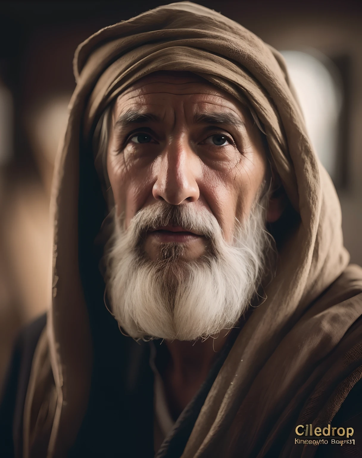 A middle-aged sage from the Islamic era with white skin and a long, thick white beard stares into the lens, smiling faintly while standing far away and wearing beautiful white clothes, very realistic 4k vintage so that the whole body appears
