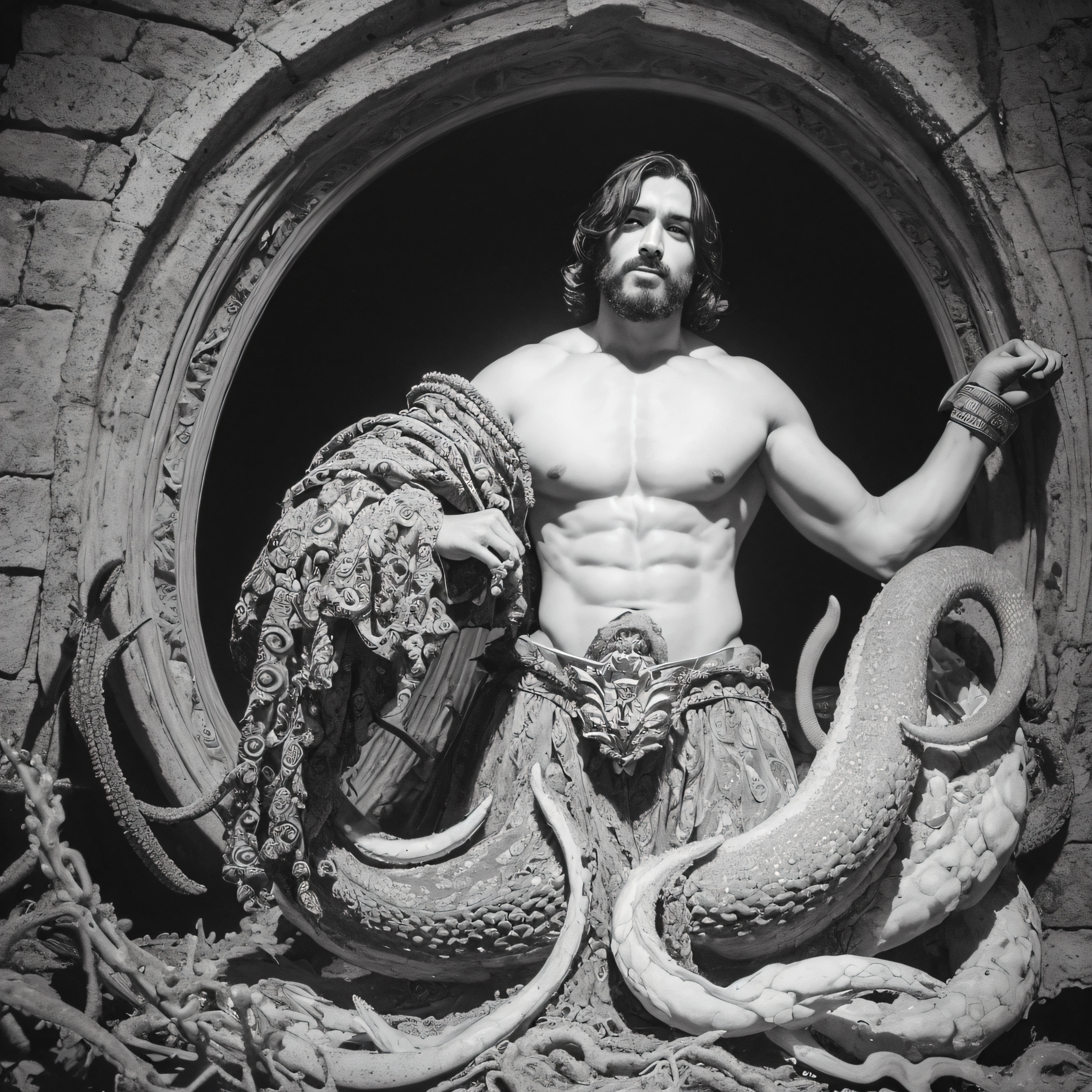 (extremadamente detallado, obra maestra, La mejor calidad, Under the Ocean), Estilo oscuro, volumetric illumination. armadura medieval, rostro con arrugas, lengua larga, tentacle, deforme, imagen submarina vista desde el exterior, pico de pulpo amenazante. manchas de tinta. Rococo composition. Luz de caravaggio