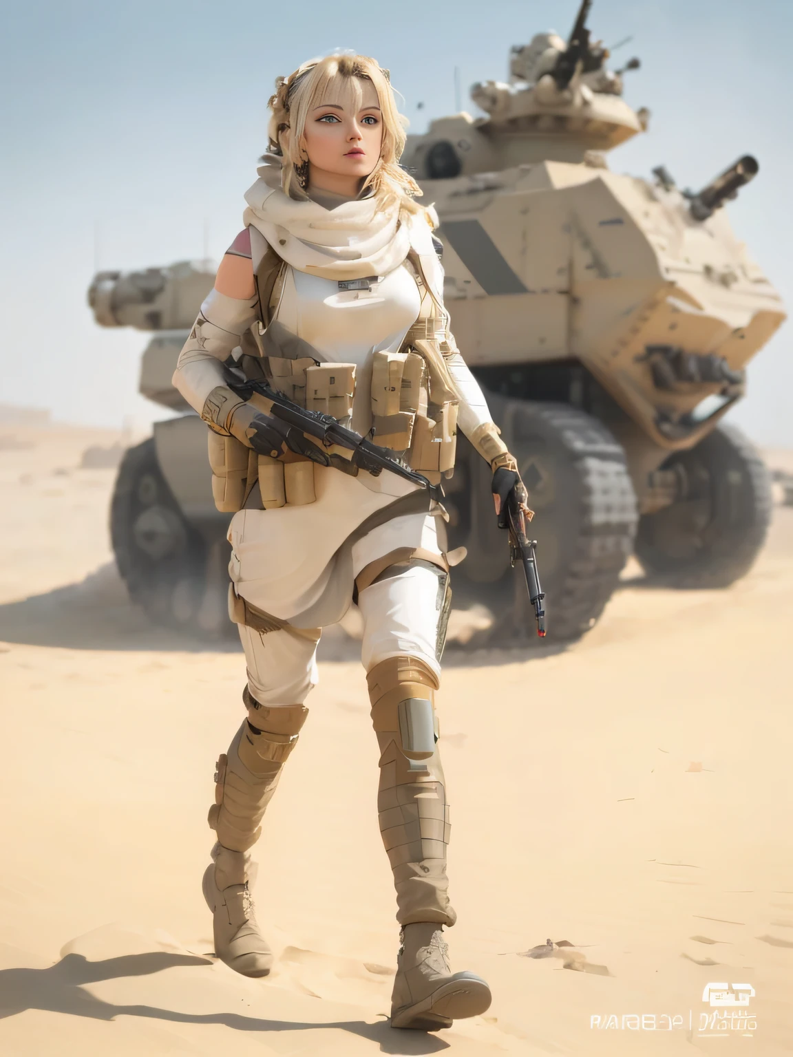 Arapi in the desert with guns and tanks, female stormtrooper, mechanized soldier girl, solo female character, Blonde female Jedi, clothed in sci-fi military armor, Margot Robbie as Princess Leia, star wars character, soldier girl, olya bossak, soldier outfit, dune style, sci-fi female, heroines, infantry girls