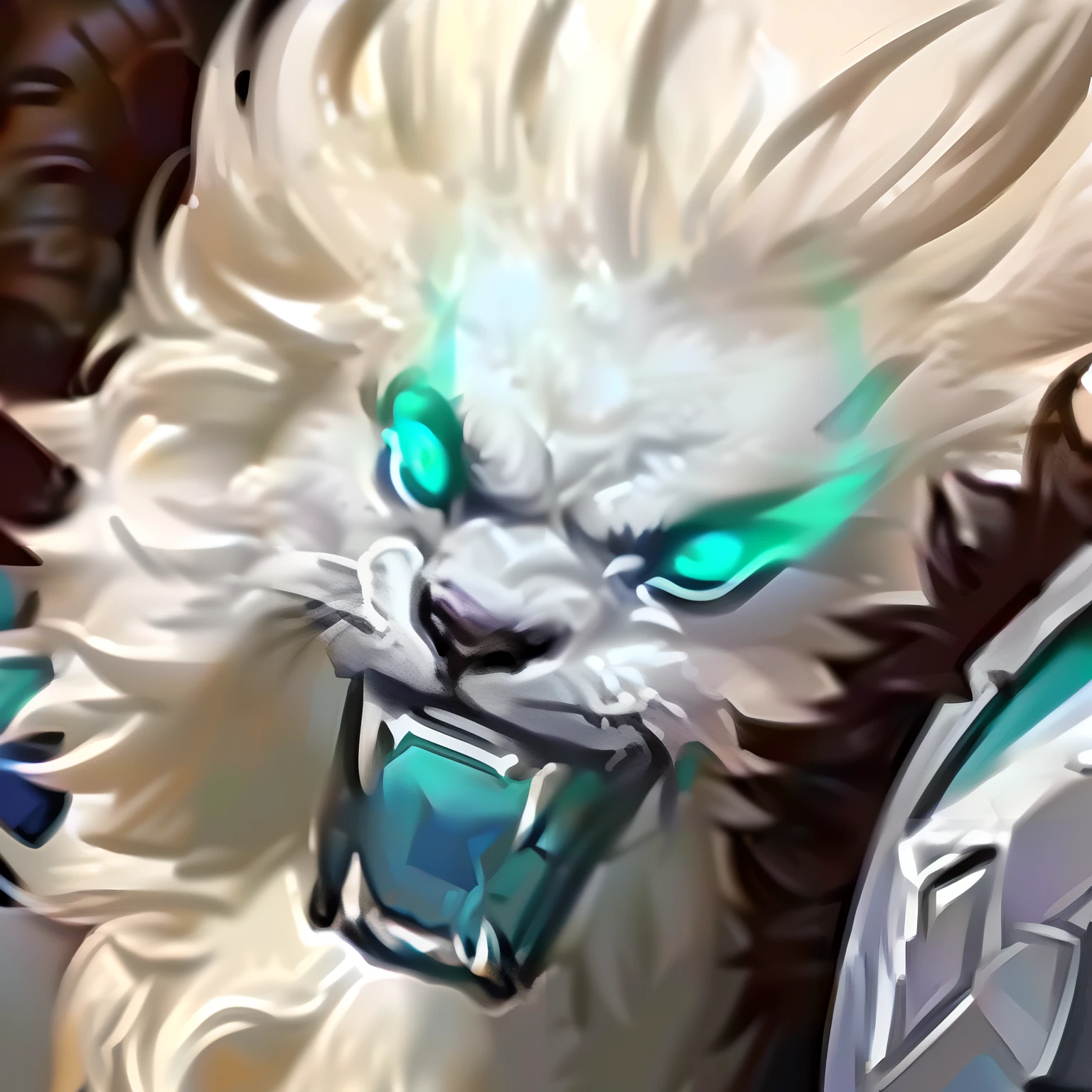 Close up of white and blue furry animals with green eyes, ne zha from smite, tauren, from world of warcraft, zenra taliyah, warwick saint, onmyoji portrait, berserker potrait, astri lohne, 《Overwatch》Reinhardt, Silas, onmyoji, targ nar, Onmyoji detailed art