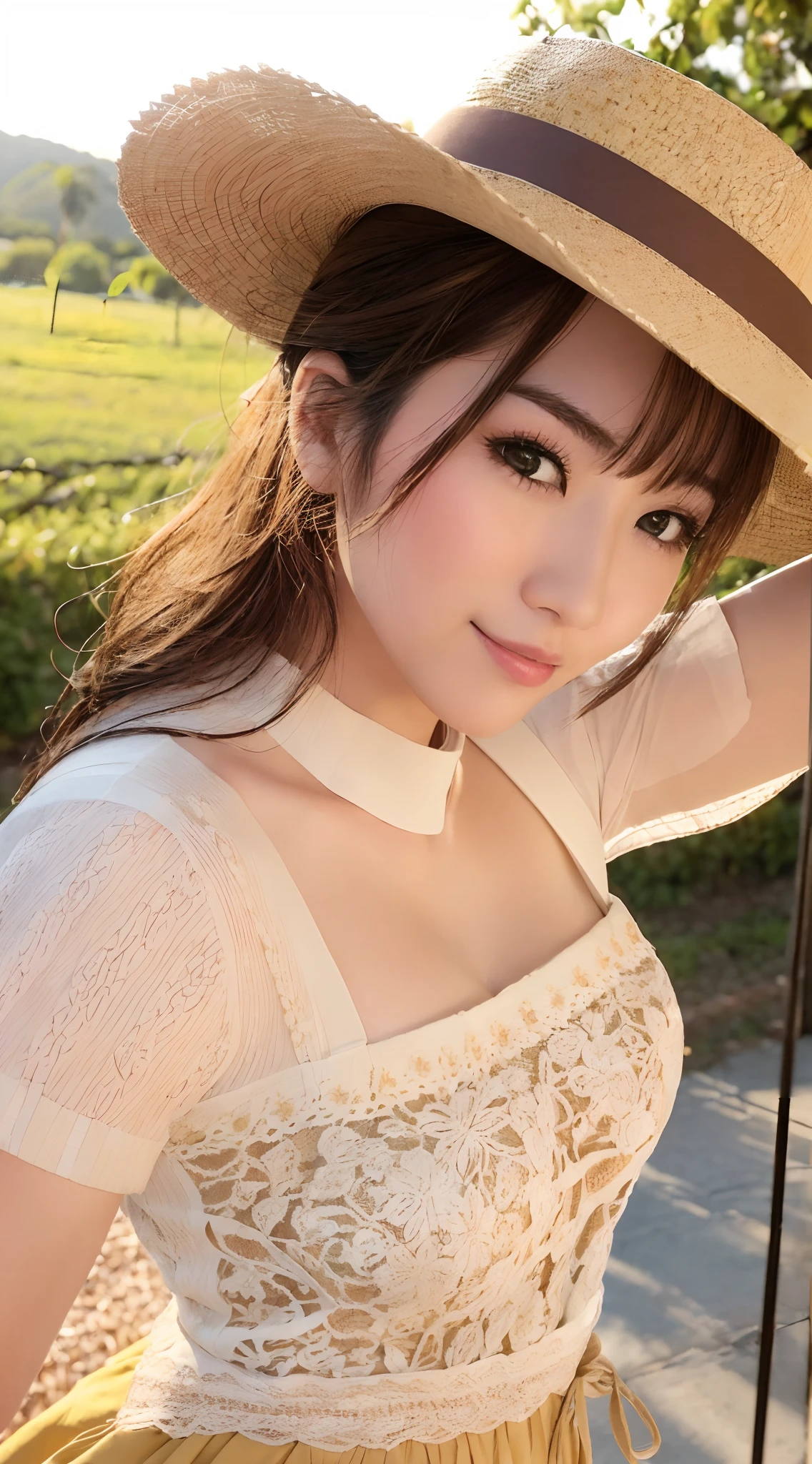 (Photorealsitic:1.4), (Top image quality:1.0), (超A high resolution:1.0), 8K, Raw photography, (masterpiece:0.2), (Best Quality Detail:1.2)、realisitic、8K UHD、hight resolution、1girl in、The ultra-detailliert、High quality textures、intricate detailes、detaileds、 ((Upper body selfie、Happiness)), masterpiece, top-quality, ultra-detailliert、analog style (Look at the viewer:1.2) (Skin Texture) (film grains:1.3), (Warm shades, Warm tones) :1.2), a closeup、ciinematic light、side lights、超A high resolution、Best Shadow、raw、The upper part of the body、happy facial expression、Semi-long、 kodak vision 3、Combination of simple tops and wide pants、For simple plain tops、Wide pants with a clean feel、femele,30 only、独奏、beer garden、Lifted mug、beer、Cheers