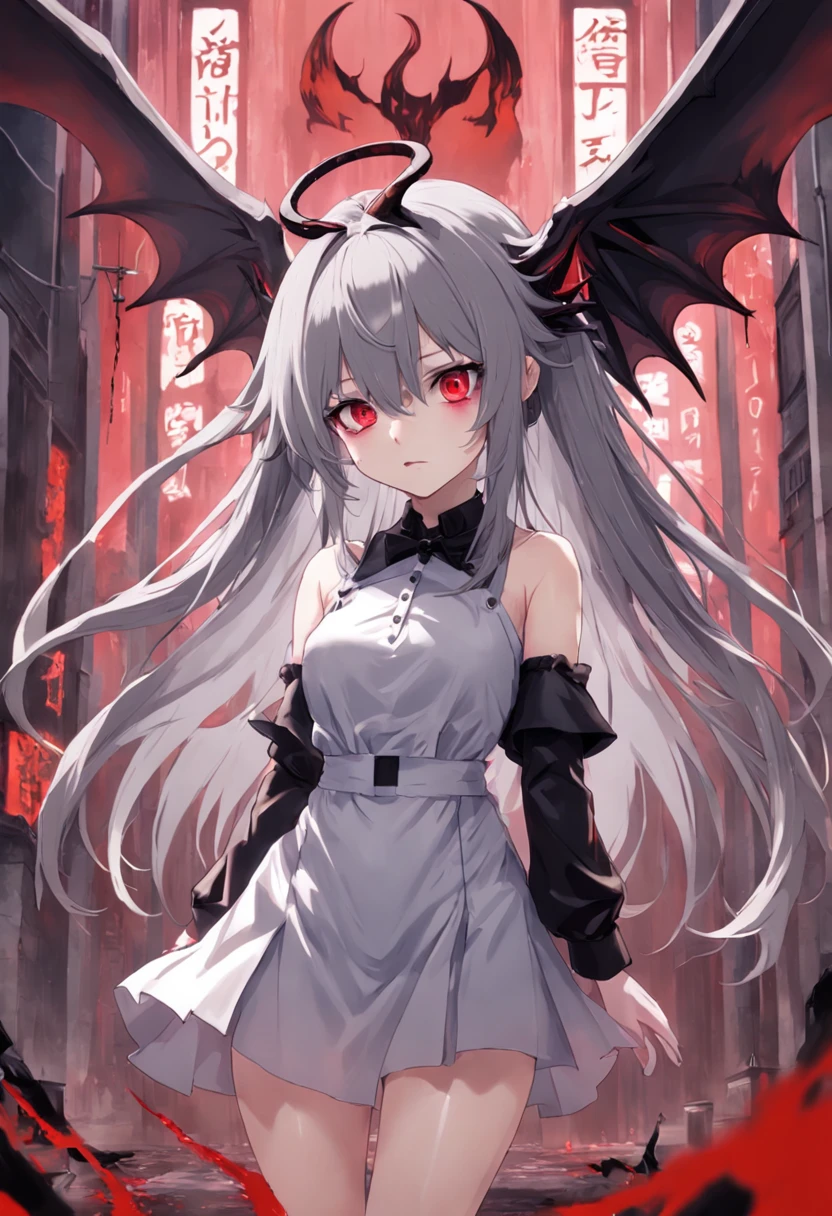 Dull hair, gray hair，Red eyes，long whitr hair，demonic horns，Broken maid outfit，Girl body type，Very cute，There are tears in the eyes，There are demon wings behind it，There was a little blood on his body，8K，No missing hands，Look into the camera，Empty eyes，Dynamic，Background of destroyed cities