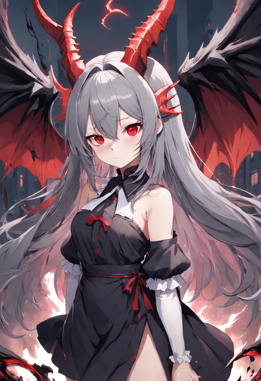 Dull hair, gray hair,Red eyes,long whitr hair,demonic horns,Broken sailor suit,Girl body type,There are demon wings behind it,There was a little blood on his body,8K,Look into the camera,Empty eyes,Dynamic,Background of destroyed cities
