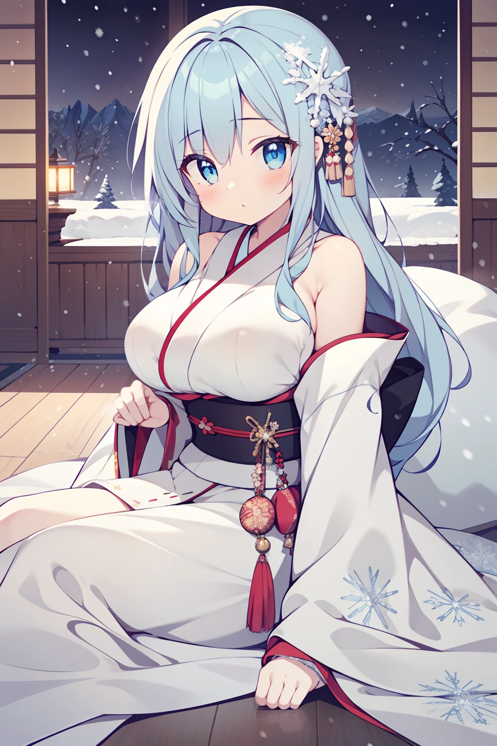 1girl in, (Solo:1.2), (Perfect body:1.1), (Best Quality:1.1), Cute Girl, (snow woman:1.2), Pure white kimono, Kimono with snowflake pattern, lightblue hair, length hair, Sapphire Eye, Shining eyes, big eye, Tsuriformes, Sanpaku eyes, Tremendously huge breasts, On the futon, Wooden floors, Indoors at night, Winter sitting, You can see the valley, Shoulder out, Wearing a kimono,