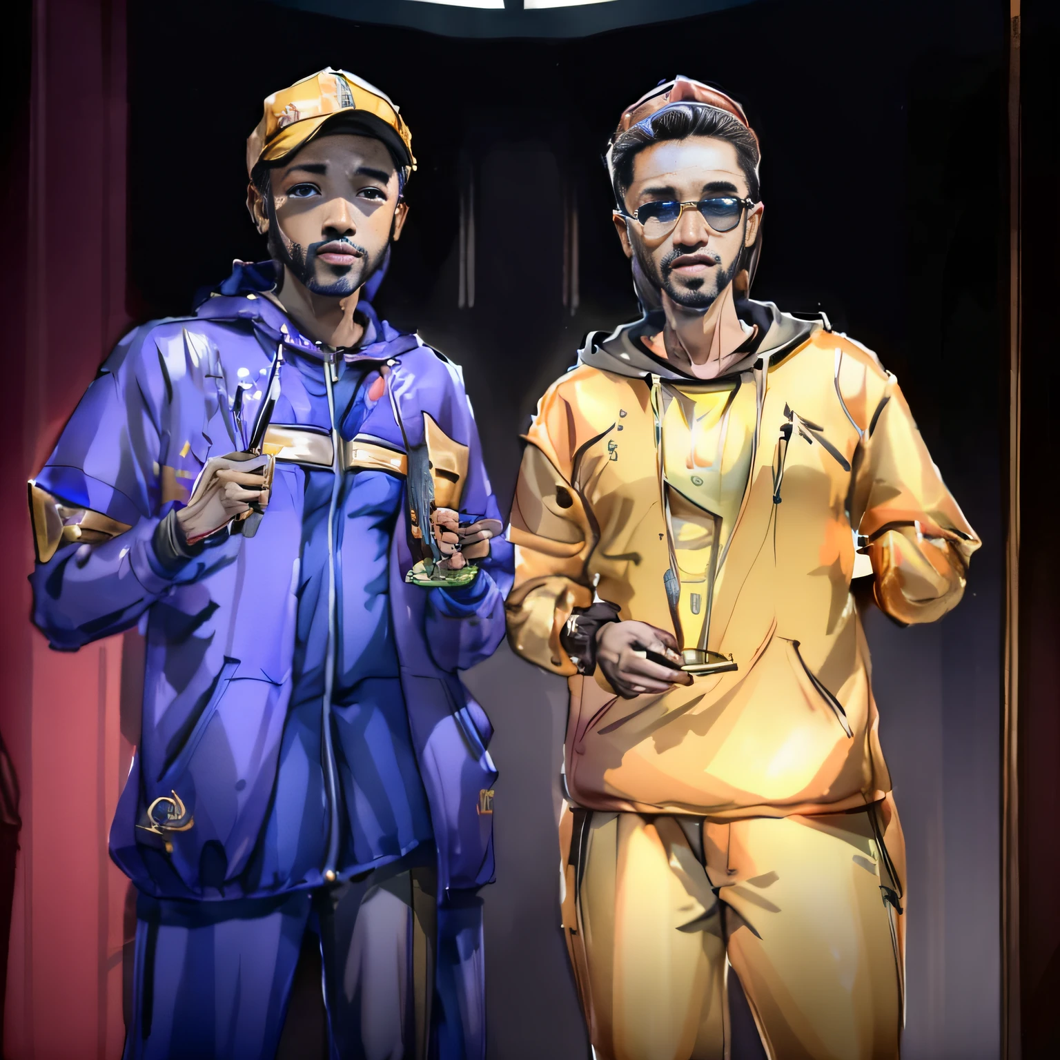 Two men standing next to each other holding their trophies, ambos vestidos com "gold fur hoodie jackets" and sunglasses, album photo, gangsta style, competition winning, Directed by: Tom Wänerstrand, vencedor do concurso, holding the larry o'brien trophy, vencedor do concurso 2021, Obra vencedora, editing, com um brilhante, segurando um par de ventiladores. irreal 5, suave em _ O pano de fundo, 8K premiado, Rosas Zulu