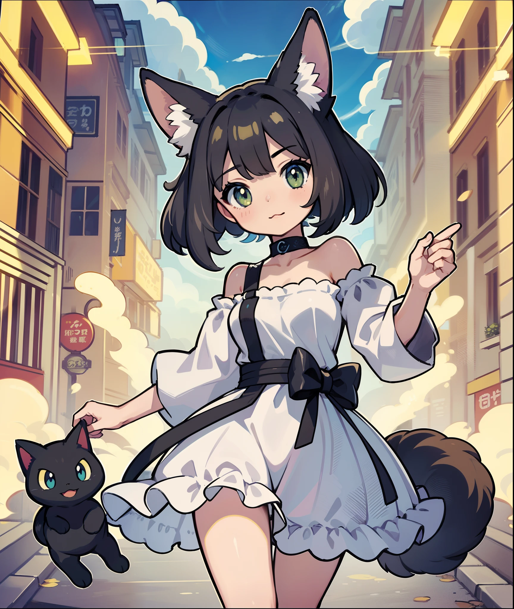 1girl in,A pokémon_The card,(top-quality), (high_quality), (Convoluted_Details), (ultra-detailliert), (illustratio), (Distinct_image),saito_naoki,city scenery、Rainbow View、With cats（（Cute cat１.５））