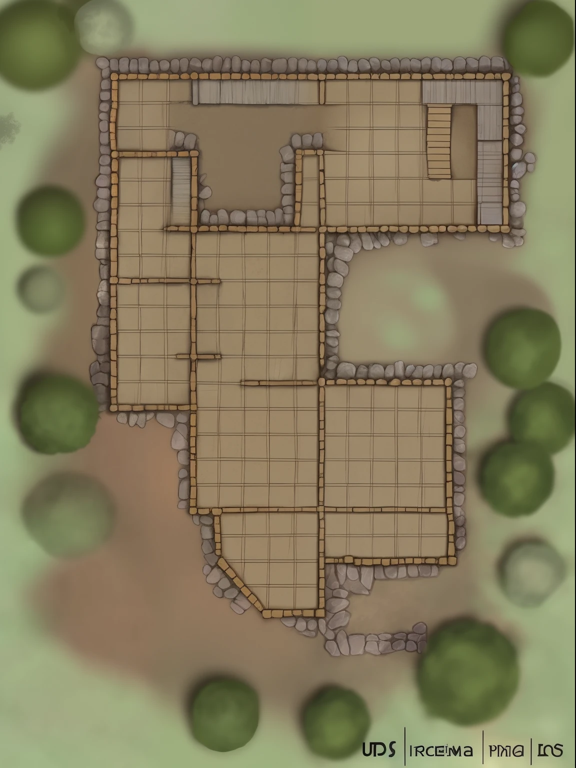 2d dnd mapa de batalha, uma masmorra sombria com tochas iluminando o local, sujeira, moveis velhos, itens quebrados