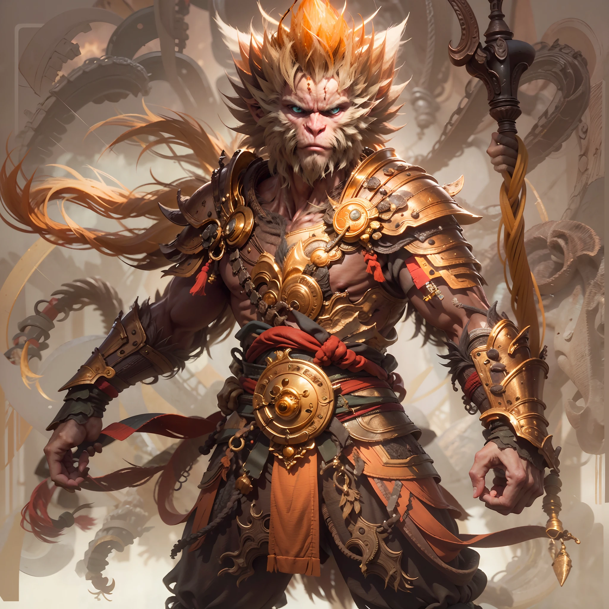 (master part, melhores detalhes), mytical creature, Sun Wukong, cabelos dourados, use golden circle, wear traditional clothing armor, segurando o cajado apoiado em seu ombro