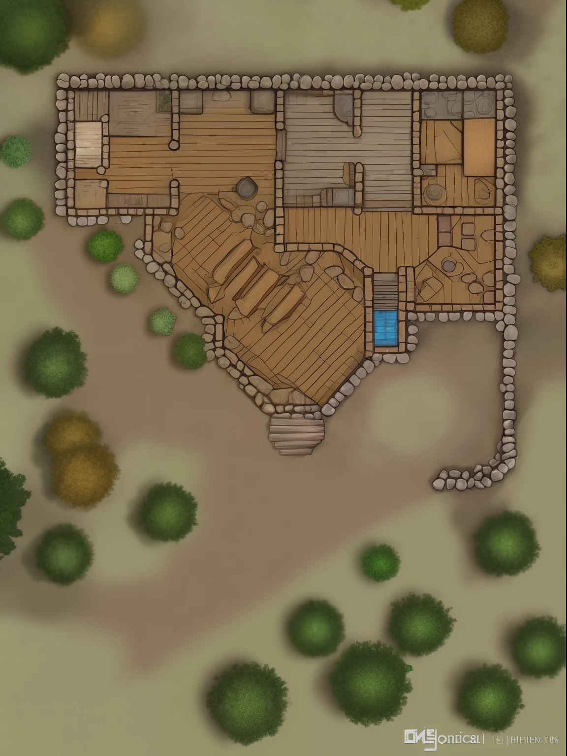 2d dnd mapa de batalha, uma masmorra sombria com tochas iluminando o local, sujeira, moveis velhos, itens quebrados