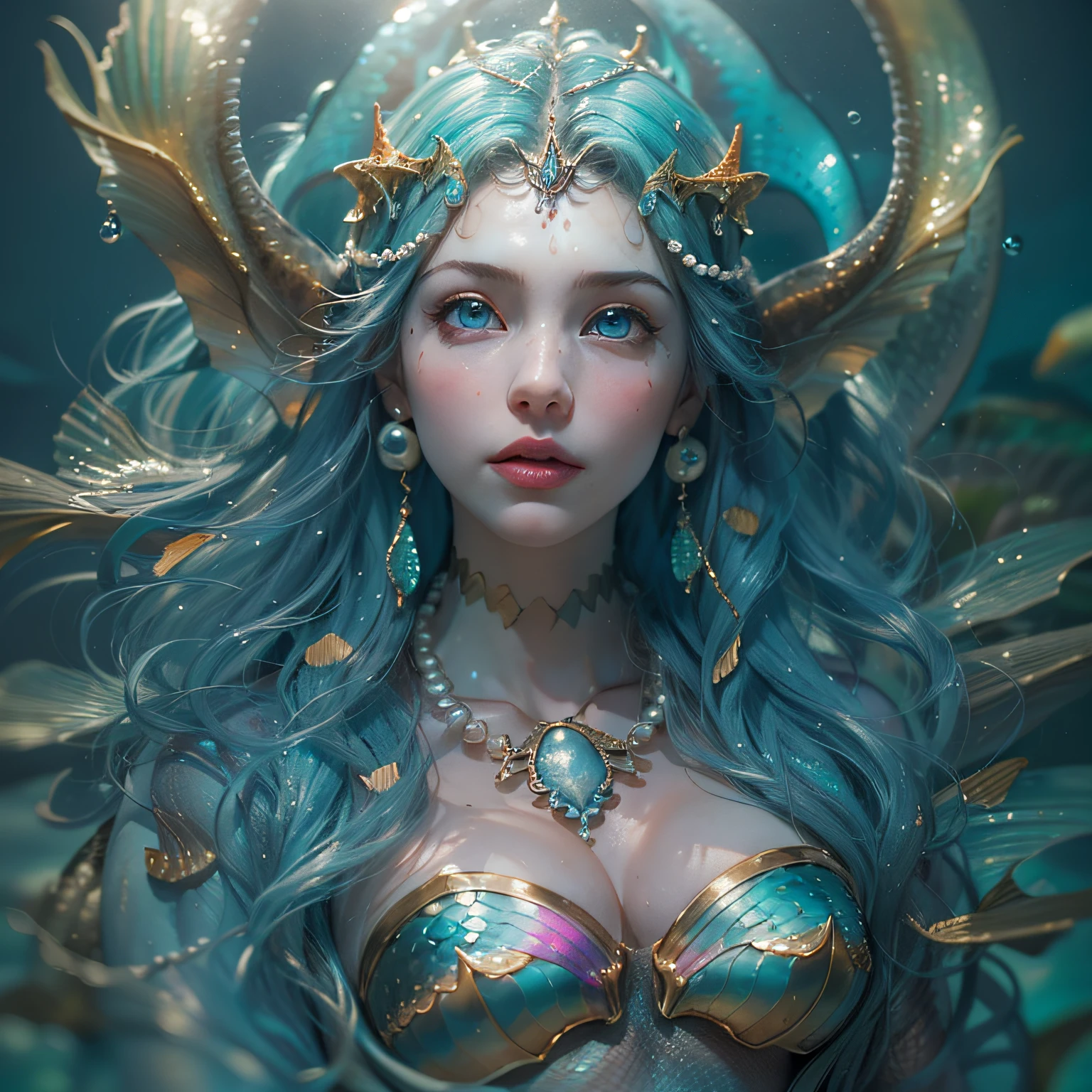 (Numerous award-winning masterpieces of, With incredible details, textures and maximum detail), (Mermaid bust view:1.6), (Ultra photo realsisim:1.4), (Realistic:1.3), (up of the upper body:0.4), (Many gold and silver treasures sank around: 1.8), (best quality real texture skin), (((In water))), (Shallow coral reefs: 1.5), (Bright sea during the day: 1.6), (Fine true circle Symmetrical eyes), (Beautiful and delicate face), ((medieval world)), ((mermaid)), ((Mermaid princess)), ((Mermaid aristocracy)), (Burning bright eyes), (She had a majestic smile on her face), (Shipwrecks and treasures:1.4), Sink in an ancient sunken city, The sunken cathedral, Sunken ruins of an ancient castle, Sparkle with water, the reef, (A pair of ice blue eyes,A strong blue light emits from the inside:1.5), (Bio-luminescence:1.5), (Mermaid full body view:1.6), (Whirlpool water and tidal currents in the background), (Dramaticlight), (Her countenance is gentle and beautiful), Glass earrings on the ears, (Dramatic photo:1.4), ((dramatic pose)), (flamboyant photo), (Golden hair), (Silver hair), (Maroon hair), (Mermaid full body view:1.6), ((head looking up)), ((Looking down)), (She had an oversized pearl necklace around her neck:1.6), (She has an oversized pearl hanging from her head:1.6),(Bio-luminescence,Brilliant light:1.3), (Use gorgeous hydraulic magic:1.2), (Beautiful fish around), (Luminous magic circle:1.5), (Full body view:1.6), epic realistic, Faded, (greg rutkovsky:0.8), (Teal and orange:0.4), (Art Station:1.5), Cinematic, ((com cores neutras)), (hdr:1.5), (pastel colour:1.2), ultra - detailed, Dramaticlight, (Intricate details:1.1), Angelina. Julie
