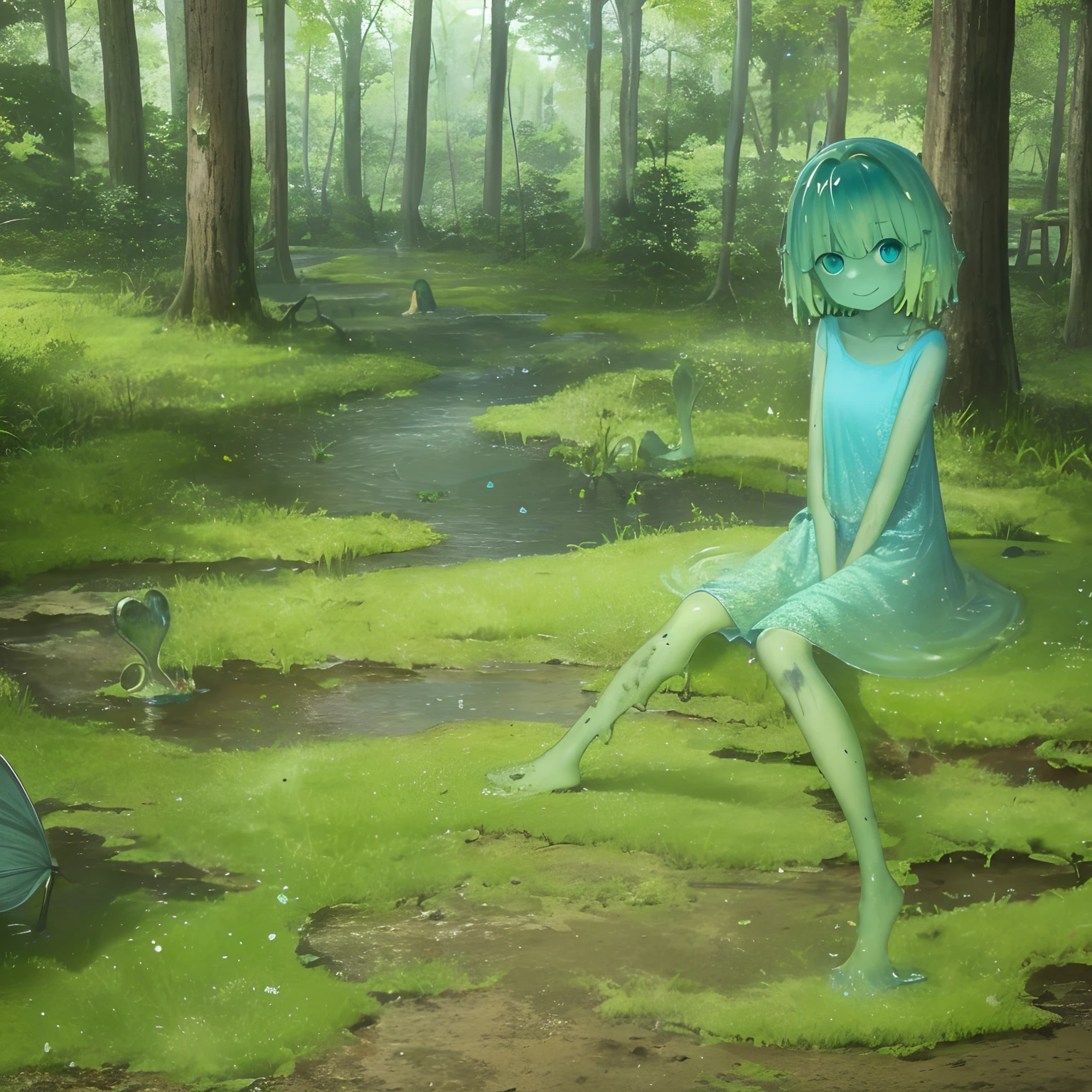 1girll, Solo, No clothes,Slime girl, mud ground \(substance\), Blue skin, (Green hair:1.2), , Sitting, Outdoors, forest, view the viewer, Smile