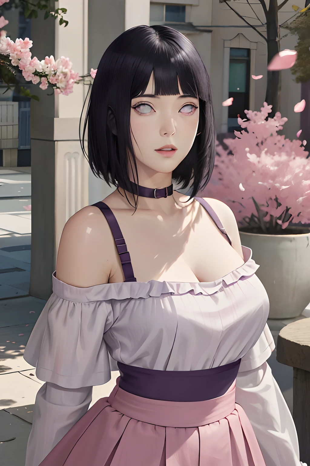 masterpiece, absurdres, hinata\(boruto\), 1girl, solo,mature female, off-shoulder bra strap, high waist short skirt, looking at viewer, (falling petals), perfect composition, detailed lips, big breast, beautiful face, body propotion, blush, (pink lips), long hair, purple eyes, soft gaze, super realistic, detailed, photoshoot, realistic face and body,