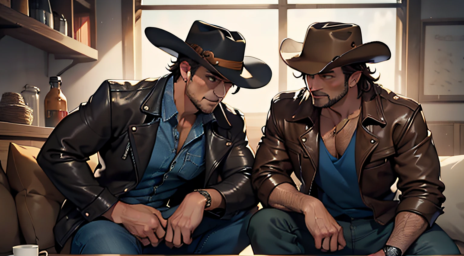 (4K, Best picture quality, A high resolution:1.1), (Masterpiece:1.1)Muscular man,blue-shirt, Brown leather jacket, long black jeans, Cowboy boots, revolver, Cowboy hat, Dark brown hair, short detailed hair, Brown eyes, two guys,A brown hat,A black hat,A happy one,A serious,Clear facial expression details