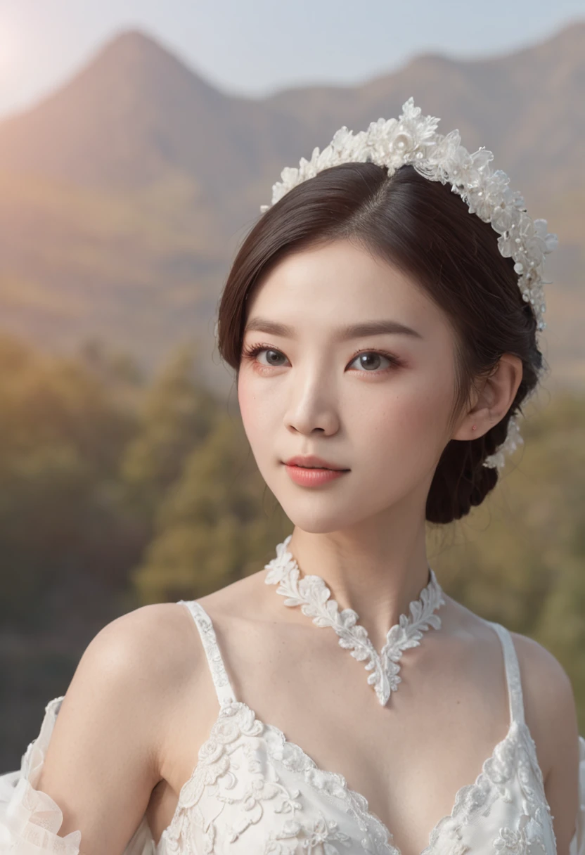 1 beautiful Chinese girl, full bodyesbian, standing photo, White wedding dress, Soft dress, Stand in front of Mt. Fuji, Blue eyes, Masterpiece, Diffuse flexible lighting, Portrait, Best quality (Perfect face:1.4), Ultra-realistic Highly detailed, Complex and realistic simulation style photos，Focus clearly on the eyes, Cinematic lighting, studio shoot, gorgeous posture