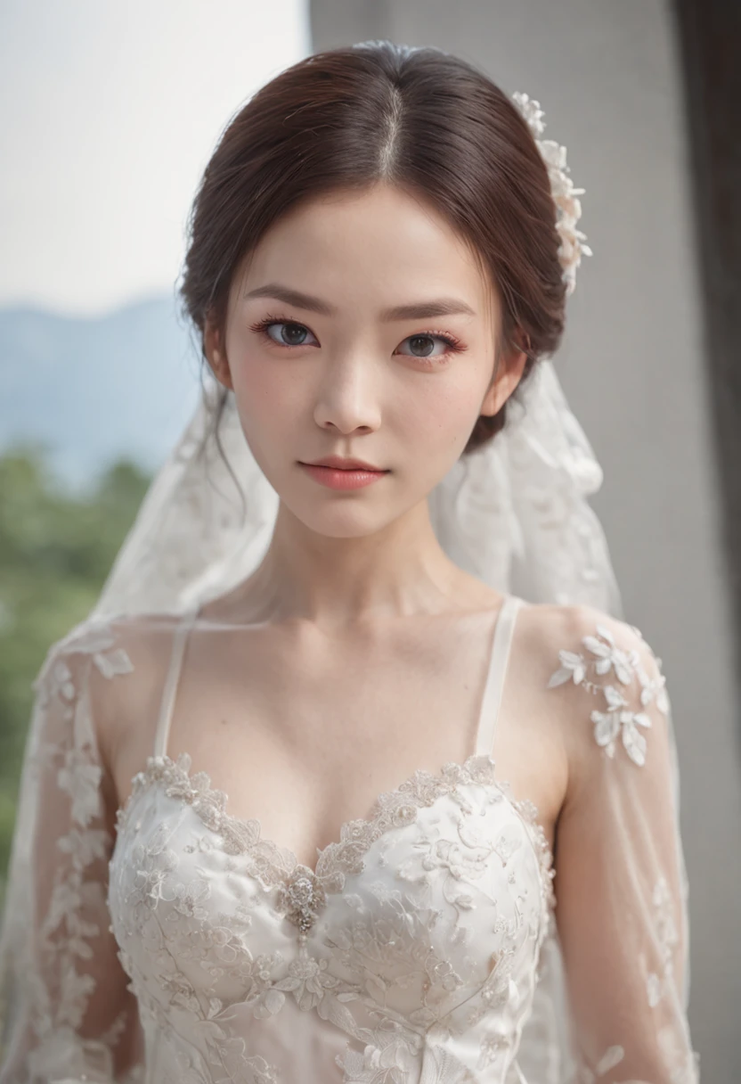 1 beautiful Chinese girl, full bodyesbian, standing photo, White wedding dress, Soft dress, Stand in front of Mt. Fuji, Blue eyes, Masterpiece, Diffuse flexible lighting, Portrait, Best quality (Perfect face:1.4), Ultra-realistic Highly detailed, Complex and realistic simulation style photos，Focus clearly on the eyes, Cinematic lighting, studio shoot, gorgeous posture