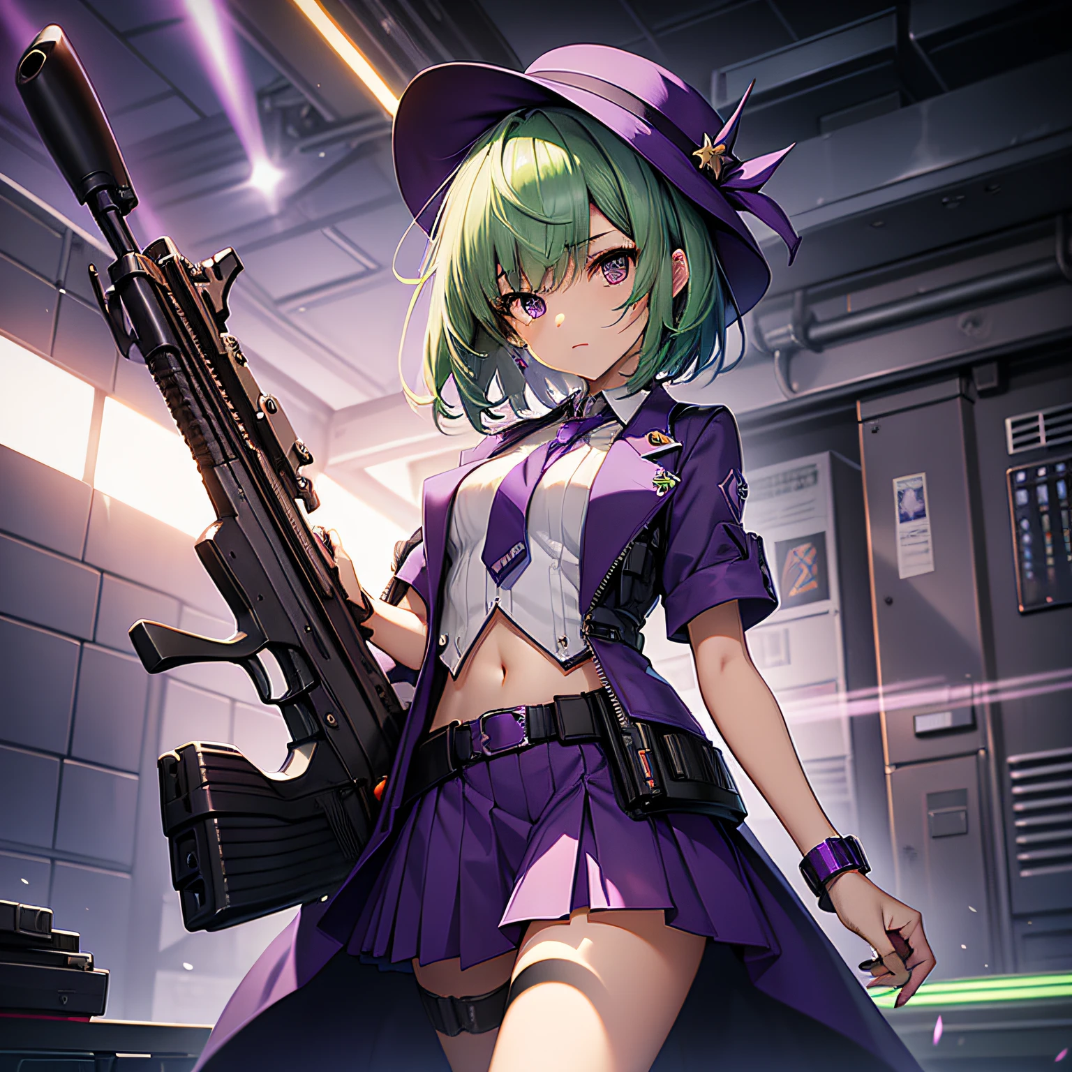 top-quality、extremely delicate and beautiful、(A age girl)、Purple Eye、Green hair、short-haired、(Purple pointy hat)、Purple tie、Soio、shortsleeves、Purple skirt、Navel,Tactical Vest、shortsleeves、Purple skirt、((Holding a light machine gun in both hands))、Midnight background、is standing