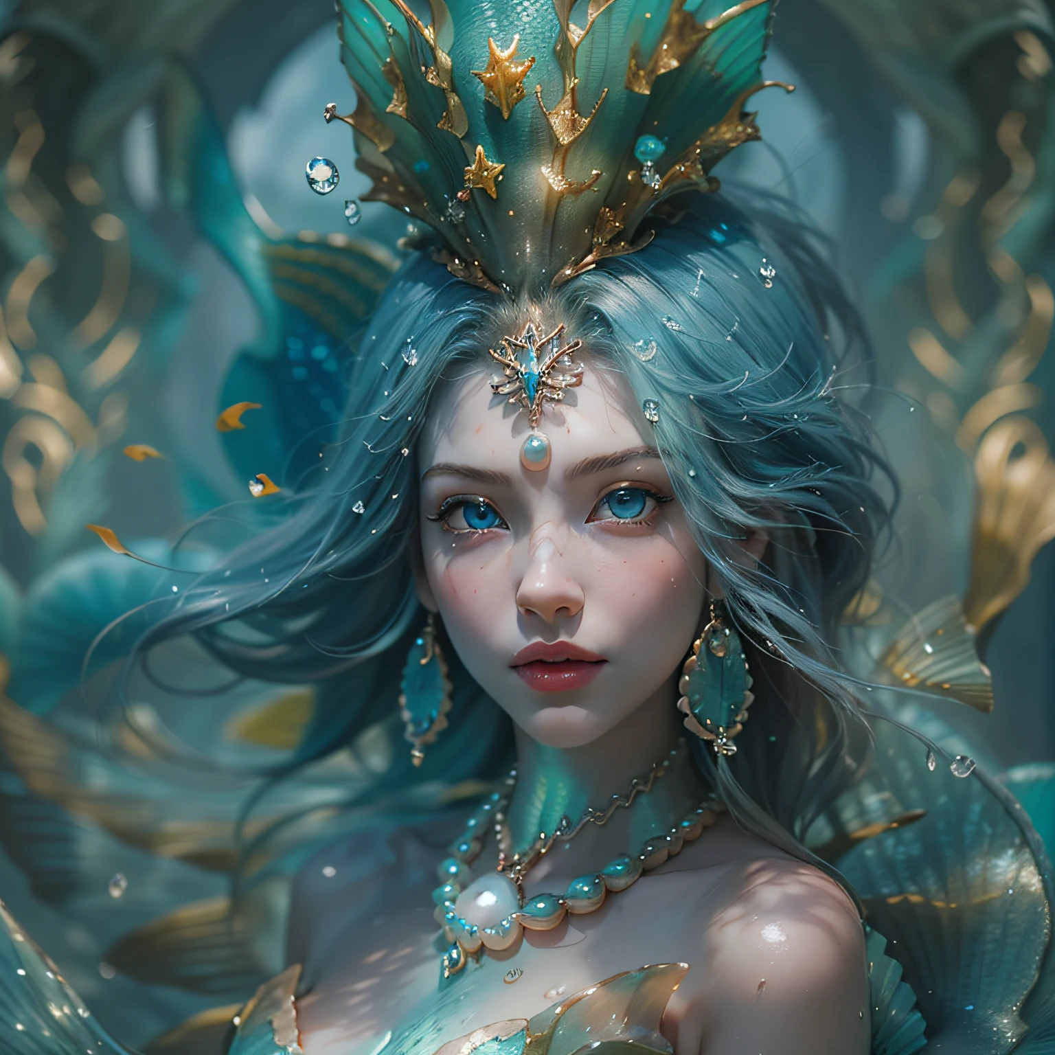 (Numerous award-winning masterpieces of, With incredible details, textures and maximum detail), (Mermaid bust view:1.6), (Ultra photo realsisim:1.4), (Realistic:1.3), (up of the upper body:0.4), (Many gold and silver treasures sank around: 1.8), (best quality real texture skin), (((In water))), (Shallow coral reefs: 1.5), (Bright sea during the day: 1.6), (Fine true circle Symmetrical eyes), (Beautiful and delicate face), ((medieval world)), ((mermaid)), ((Mermaid princess)), ((Mermaid aristocracy)), (Burning bright eyes), (She had a majestic smile on her face), (Shipwrecks and treasures:1.4), Sink in an ancient sunken city,  The sunken cathedral, Sunken ruins of an ancient castle, Sparkle with water, the reef, (A pair of ice blue eyes，A strong blue light emits from the inside:1.5), (Bio-luminescence:1.5), (Mermaid full body view:1.6), (Whirlpool water and tidal currents in the background), (Dramaticlight), (Her countenance is gentle and beautiful), Glass earrings on the ears, (Dramatic photo:1.4), ((dramatic pose)), (flamboyant photo), (Golden hair), (Silver hair), (Maroon hair), (Mermaid full body view:1.6), ((head looking up)), ((Looking down)), (She had an oversized pearl necklace around her neck:1.6), (She has an oversized pearl hanging from her head:1.6),(Bio-luminescence，Brilliant light:1.3), (Use gorgeous hydraulic magic:1.2), (Beautiful fish around), (Luminous magic circle:1.5), (Full body view:1.6), epic realistic, Faded, (greg rutkovsky:0.8), (Teal and orange:0.4), (Art Station:1.5), Cinematic, ((com cores neutras)), (hdr:1.5), (pastel colour:1.2), ultra - detailed, Dramaticlight, (Intricate details:1.1)， Angelina. Julie