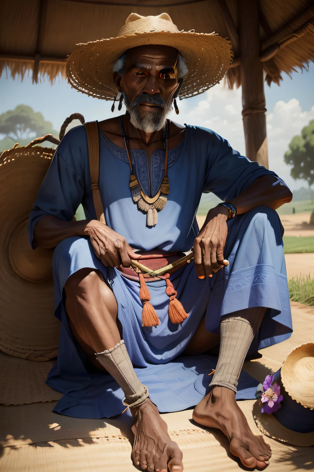 a complete image from head to toe of a realistic old african villager man from the 10th century dressed in blue, wearing a straw hat, straw shoulder bag, somoking on a pipe, one of his pents leg is roled up country side type