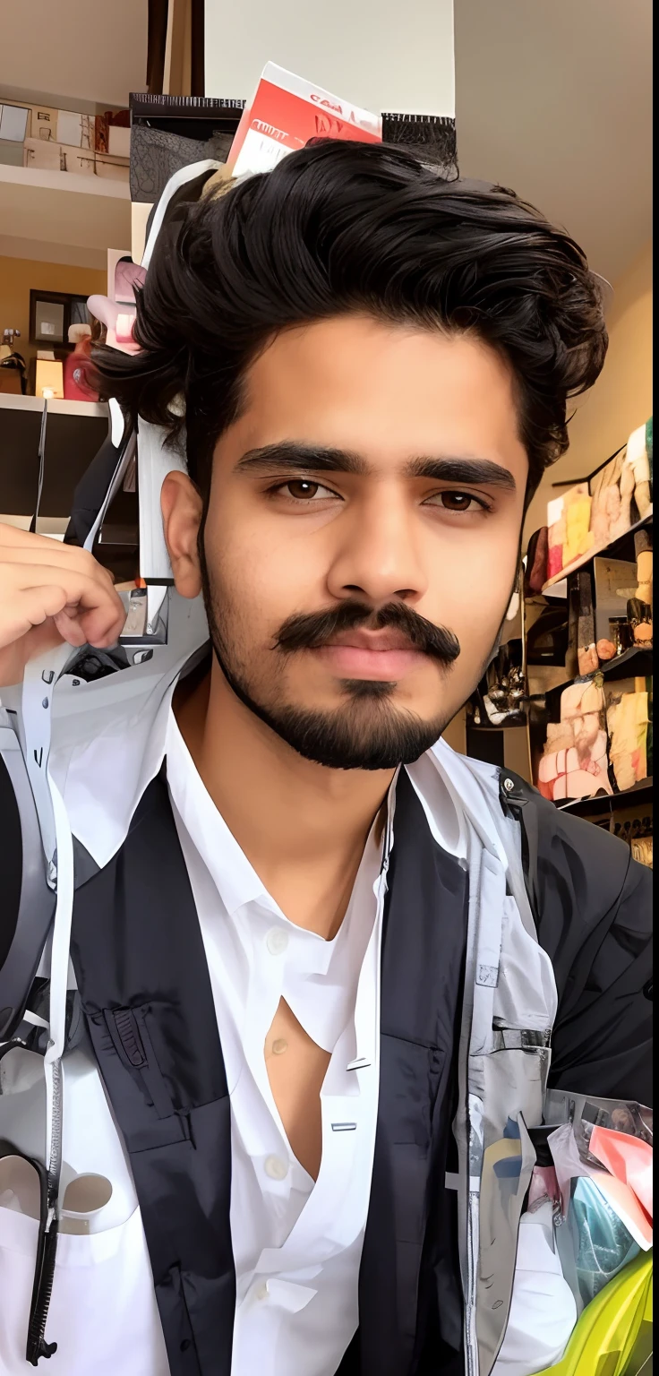 araffe man with a beard and a mustache in a store, with accurate face, portait photo profile picture, without beard, ayan nag, around 1 , good looking face, very very low quality picture, riyahd cassiem, candid picture, facebook profile picture, profile pic, without beard and mustache, harsh good looking face, vastayan