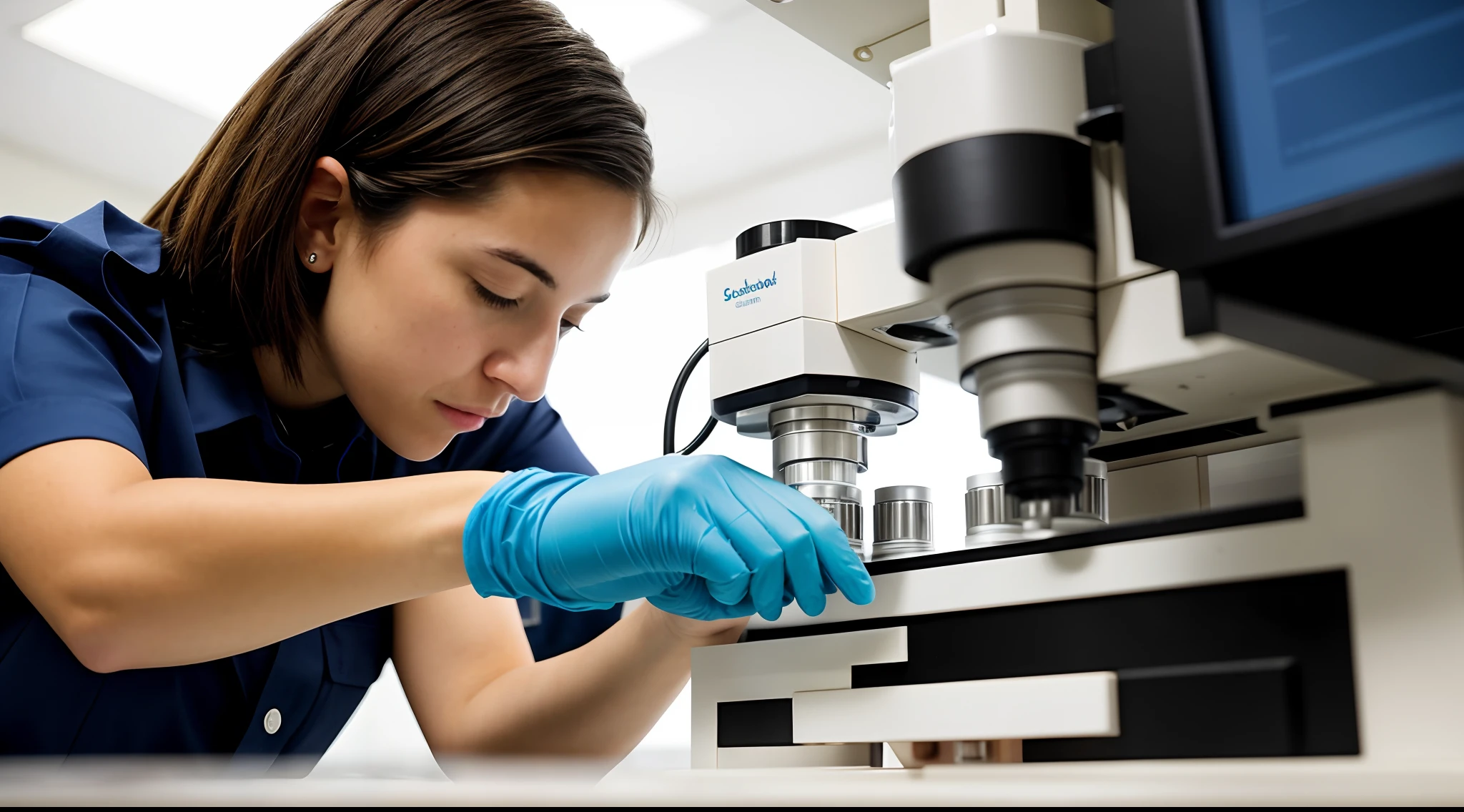 instagram photo, a female researcher engrossed in her work, examining samples under a microscope, focused, precise