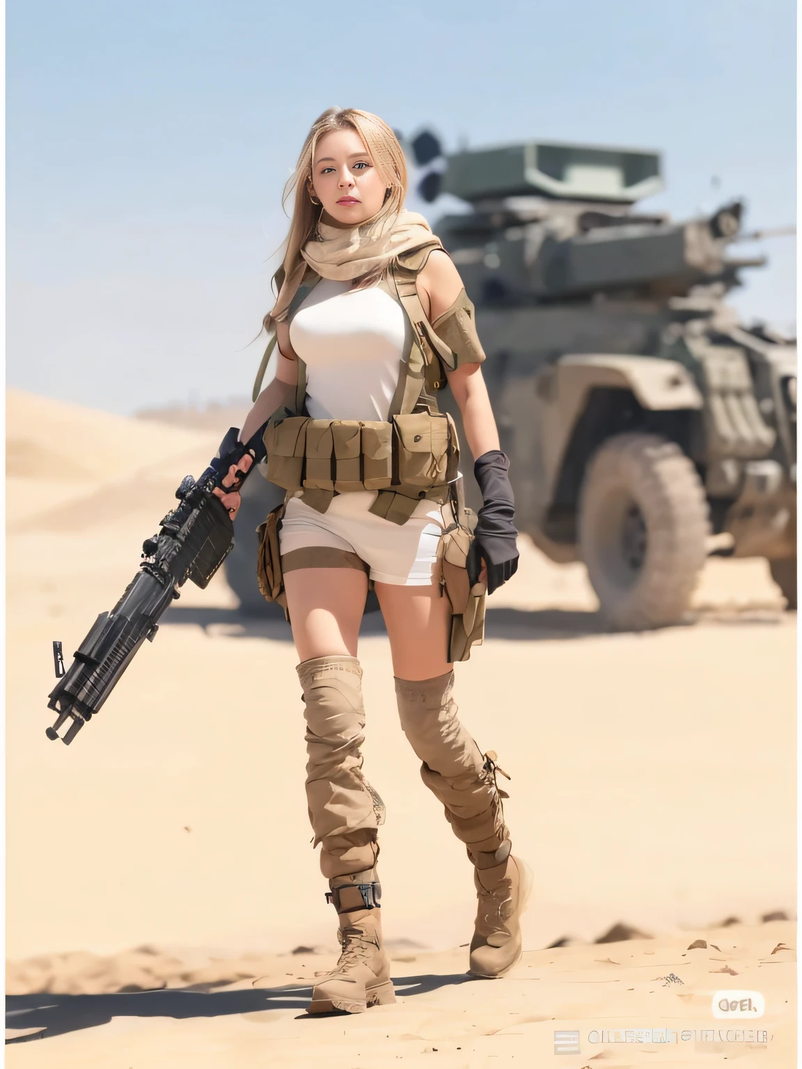 A woman in a desert costume holds a gun and a machine, mechanized soldier girl, soldier girl, infantry girls, beautiful female soldier, military girl, soldier outfit, army girl outfit, of a sniper girl in war, army suit, dressed in tactical armor, m4 sopmod ii girls frontline, soldier, clothed in sci-fi military armor