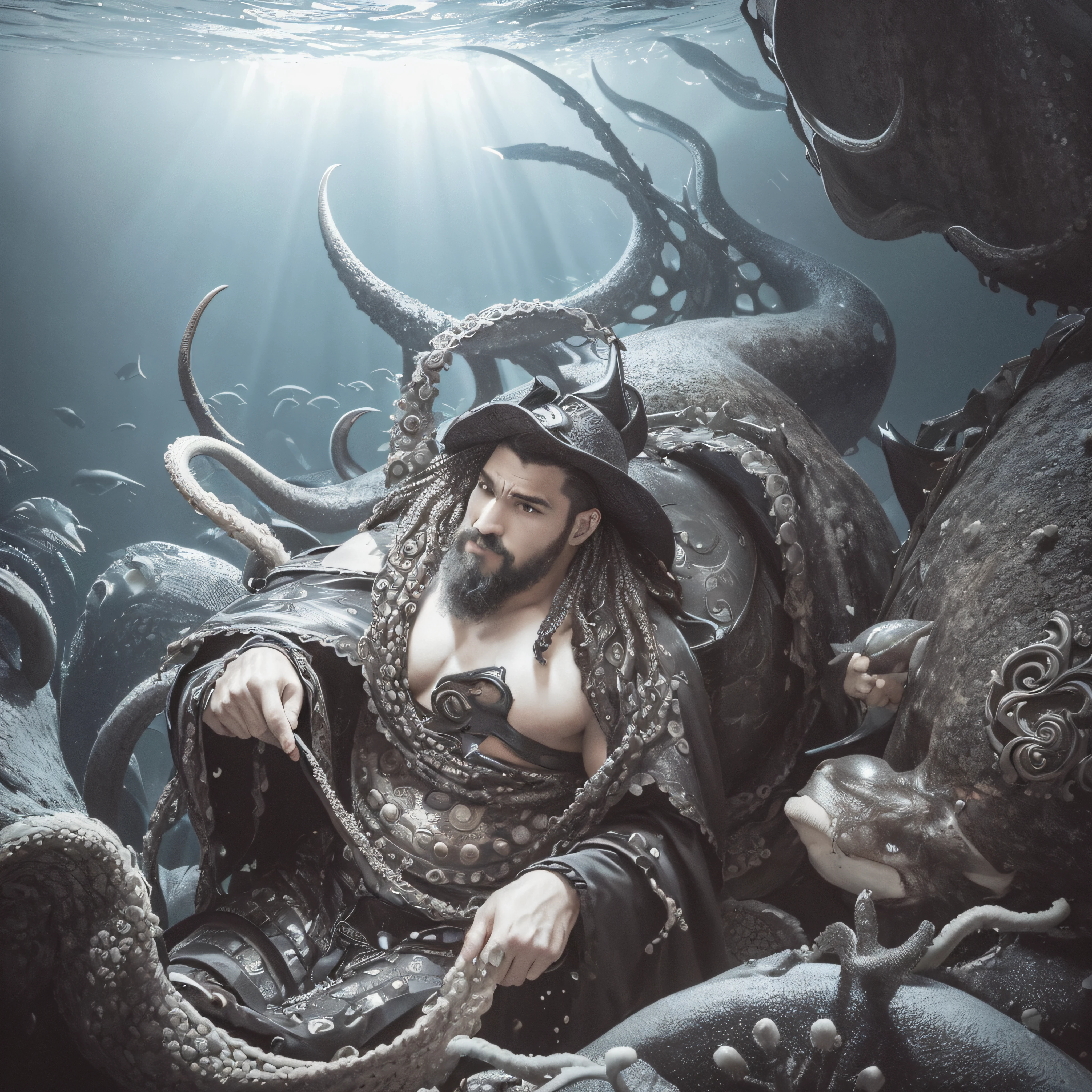 (extremadamente detallado, obra maestra, La mejor calidad, Under the Ocean), Estilo oscuro, volumetric illumination. armadura medieval, rostro con arrugas, lengua larga, tentacle, deforme, imagen submarina vista desde el exterior, pico de pulpo amenazante. manchas de tinta. Rococo composition. Luz de caravaggio