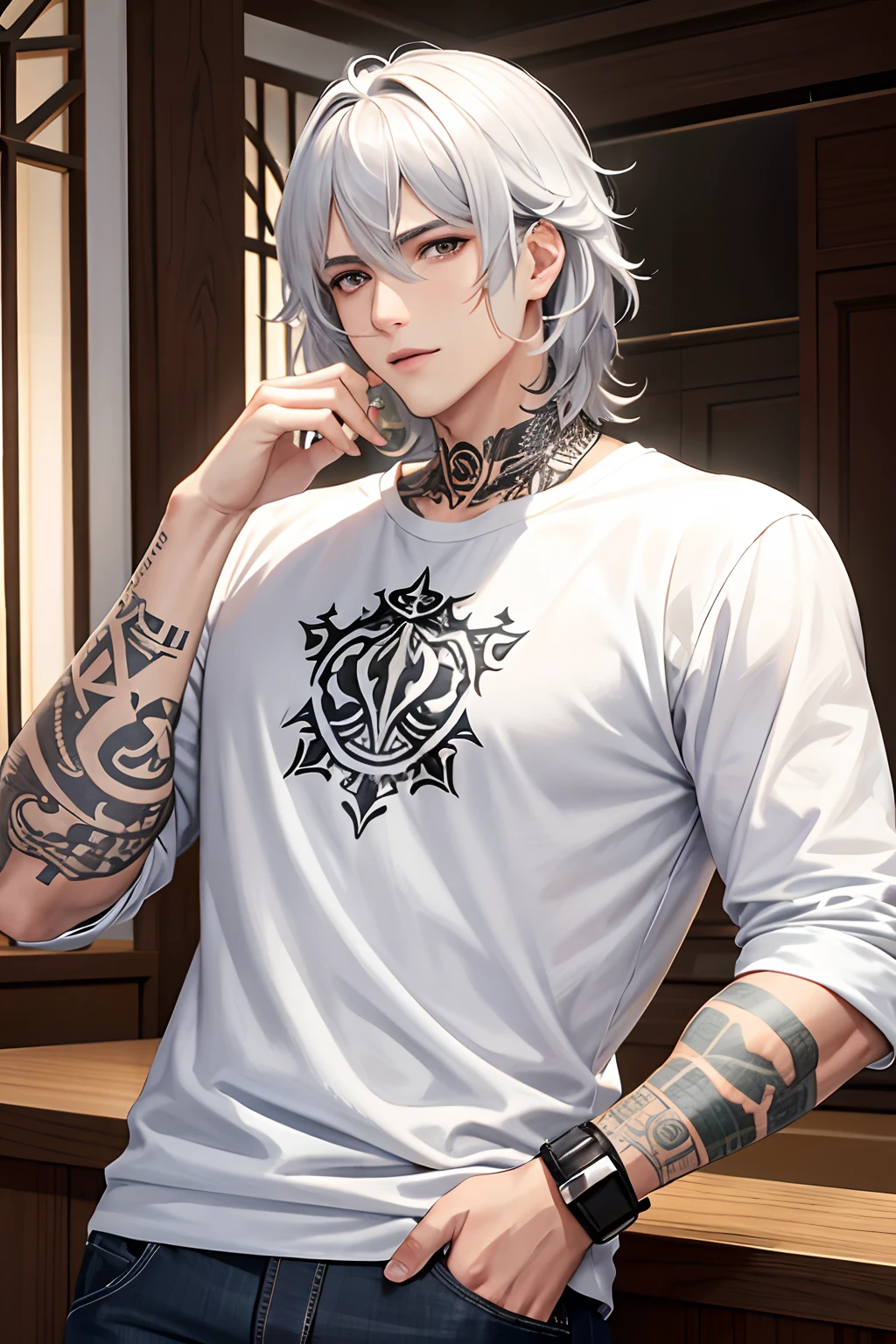 Male with white puffy hair, silver eyes, handsome, with tattoo on his hand, casual clothes