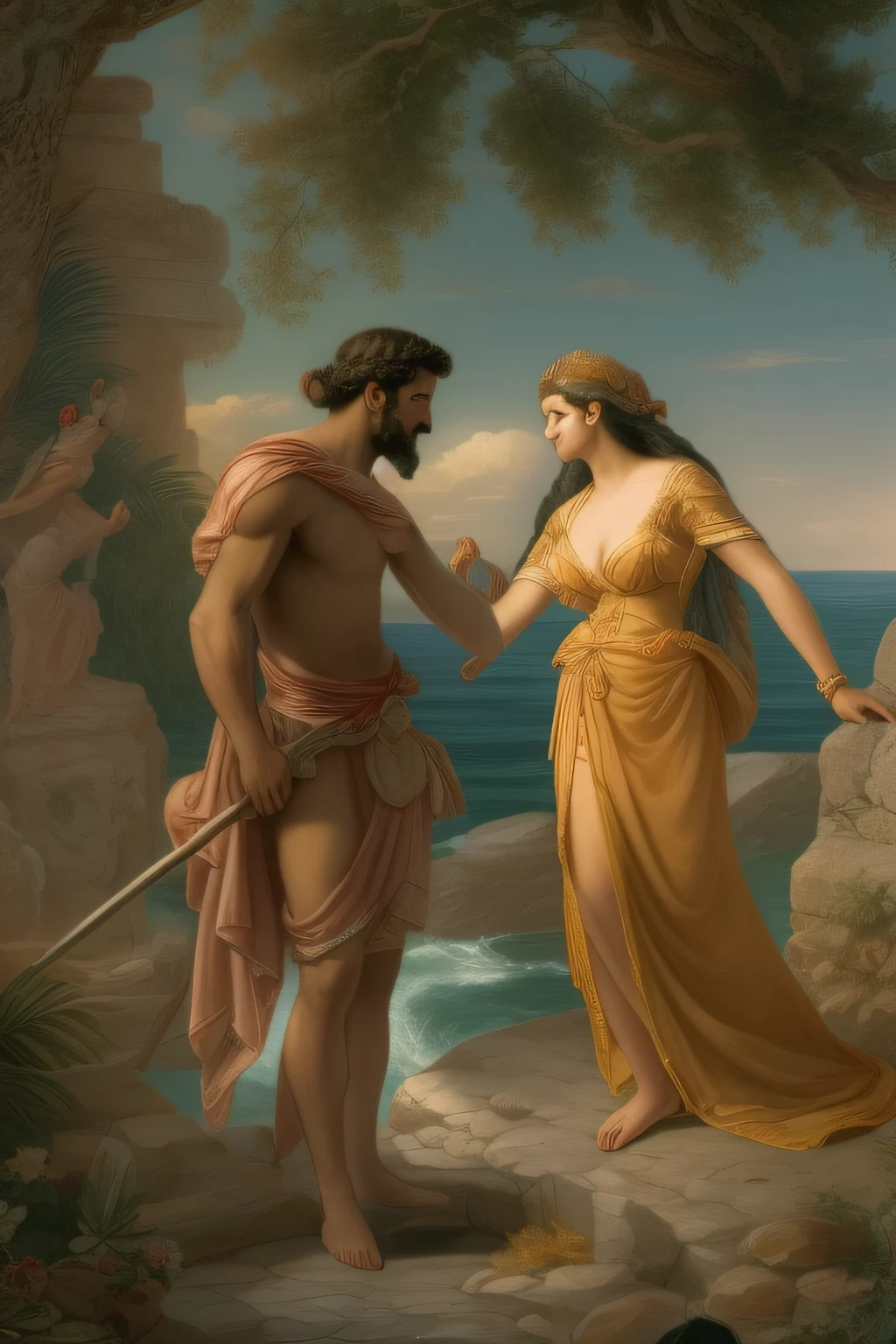 Odysseus languishes on the remote island Ogygia with the goddess Calypso, who has fallen in love with him and refuses to let him leave.