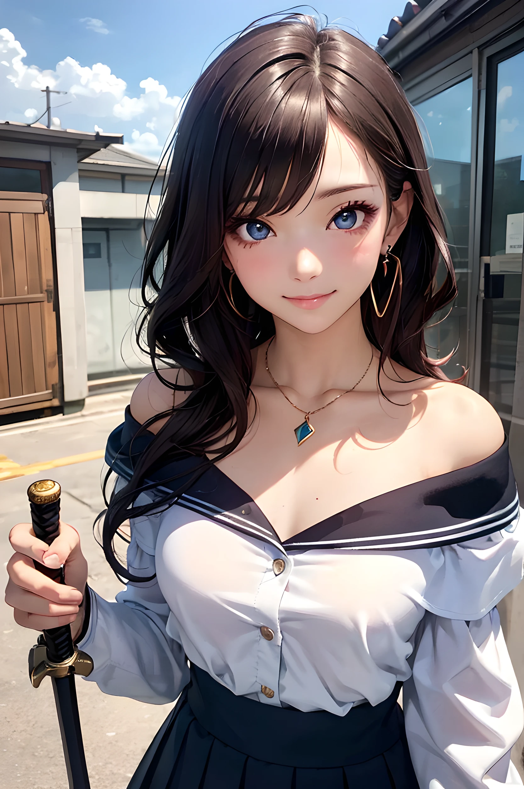 Close up portrait of woman in sailor suit holding sword, cosplay foto, Anime girl cosplay, Ash in Overwatch, publicity cosplay, glamourous cosplay, Anime Cosplay, Sailor Uniform, lux from league of legends, full-cosplay, professional cosplay, small curvy , she is holding a katana sword, Ayaka Cosplay, mercy from overwatch, (masutepiece: 1.3), (max resolution: 1.2), (Ultra HDTV: 1.2), cinema lite, Ultra HDTV, (Detailed eyes and skin), (detailed facial features), ultgp, 8K resolution, Sharp Focus: 1.2, Perfect Style, Beautiful Face, accurate, Anatomically correct, Highly detailed face and skin texture, Detailed eyes, Dark-blue eyes, Double eyelids, Thin eyebrows, dropping eyes, (Glitter Eyeliner:1.2), Natural cheeks, Glossy skin, (Fair skin:1.2), shiny necklace and earrings, (Glossy lips: 1.4), break, absurderes, One-person viewpoint, (she is high school Student), (Wearing a Button up shirt, blazer, Pleated mini skirt), ((off-shoulder:1.3)), (shy smile:1.2), ((Innocent and very cute girl:1.3)), (Layered hairstyle, Wavy Hair), (Dark brown hair:1.2), Medium Long Hair, (Full body shot: 1.2), Focus on Face, medium large breasts, ((sexy pose on Instagram:1.2)), ((In the School Rooftop at night)),