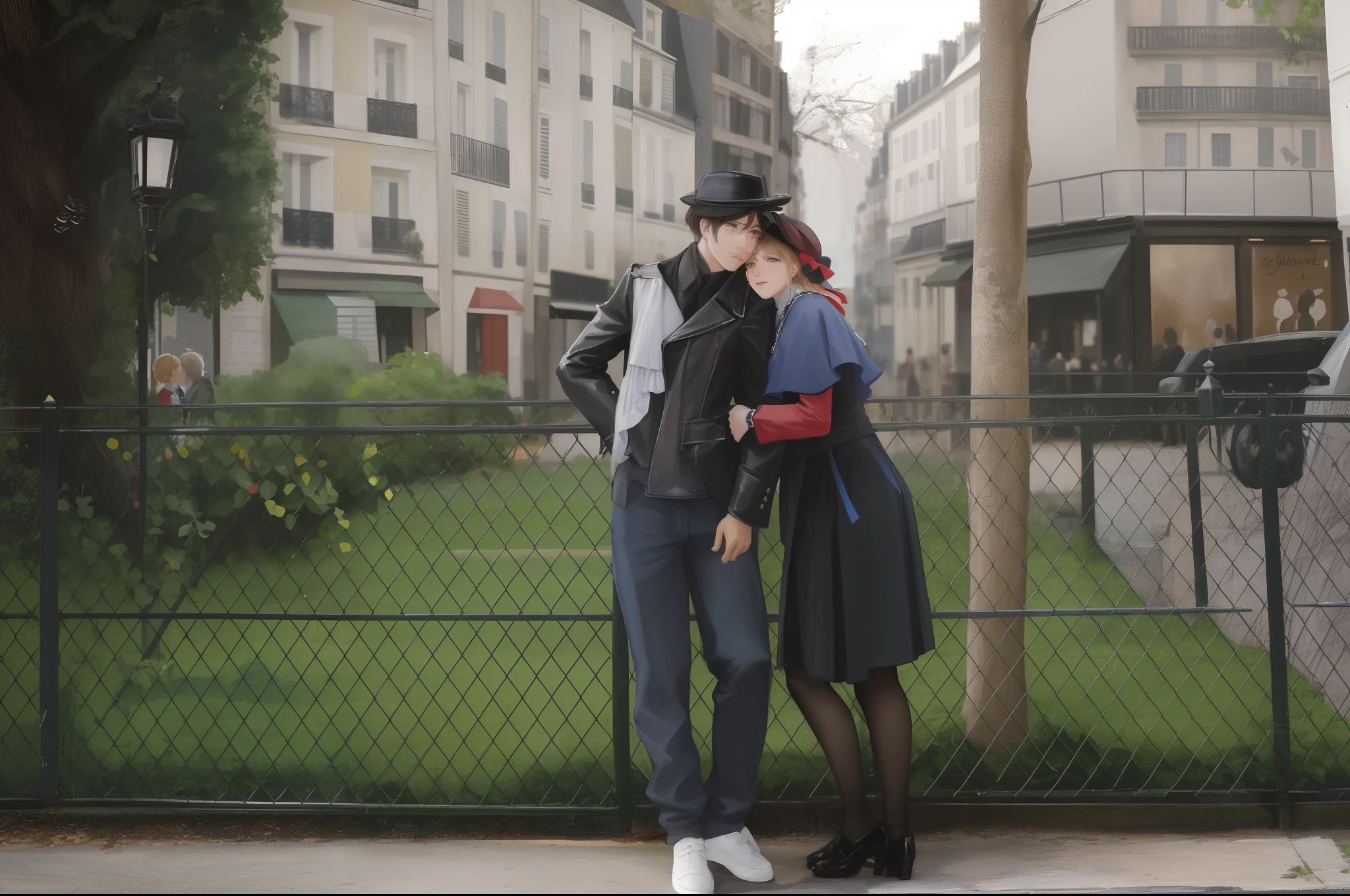 They stand on the sidewalk in front of a fence, in paris, Paris, by Raphaël Collin, by Amédée Ozenfant, couple Dennis Valeria, by Etienne Delessert, Portrait de couple, shoulder in front pose, highly detailed, sigma 85/1.2 portraits, Portrait de couple