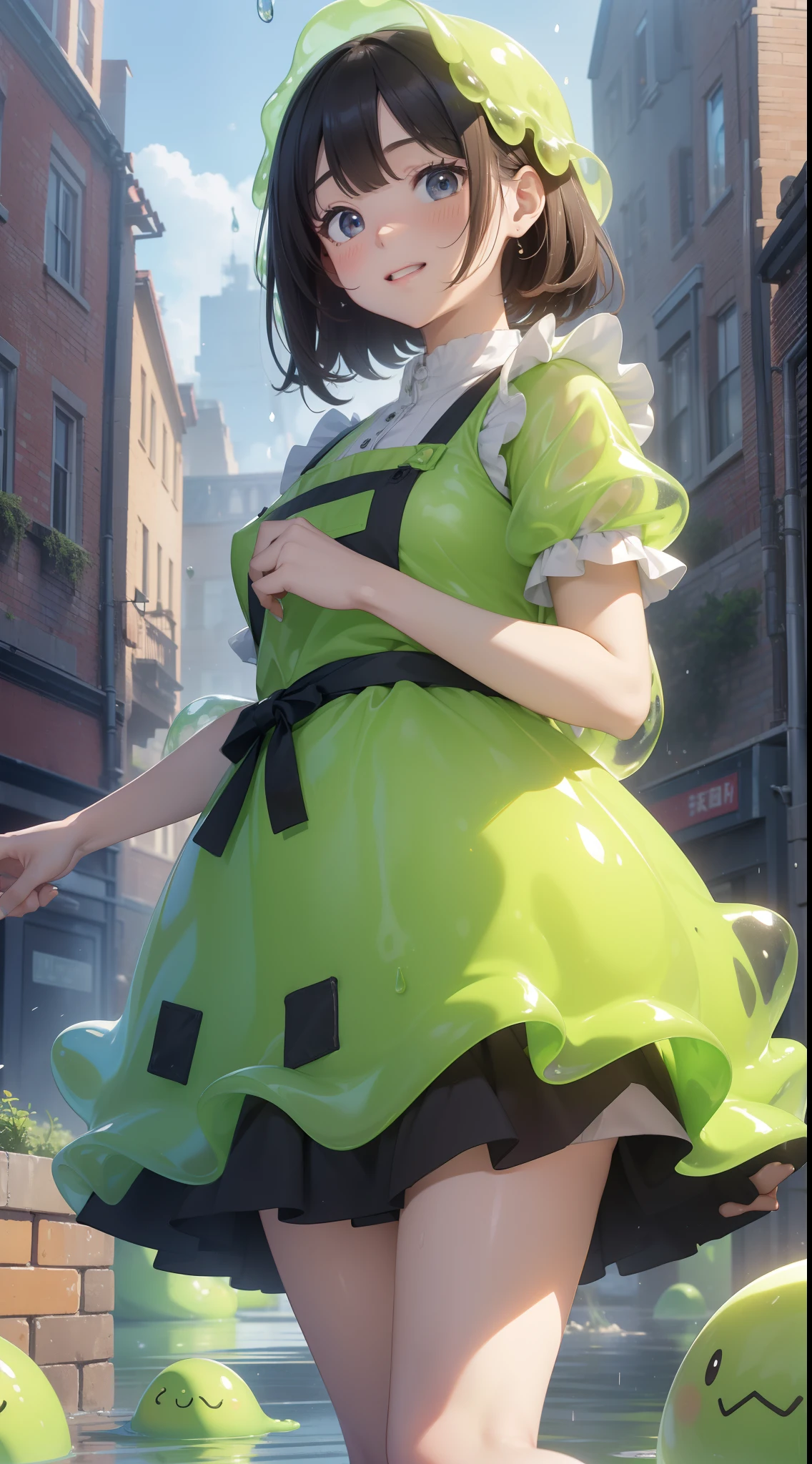 ( in 8K,16 K, awardwinning, Best Quality), high detal, Super Detail,  Anatomically correct, hight resolution, (mastserpiece: 1.3),(1girl in:1.3) ,(Girl in an apron carrying slime: 1.8), (Running with a flustered expression: 1.3),(Tetris: 1.3), (Colorful hard slime falling from the sky: 1.5), (Square slime piled high: 1.5), (Composition from below: 1.5), (Slime piled up like bricks:1.4)