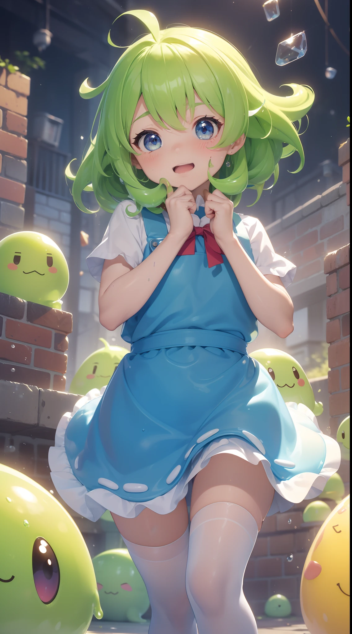 ( in 8K,16 K, awardwinning, Best Quality), high detal, Super Detail,  Anatomically correct, hight resolution, (mastserpiece: 1.3),(1girl in:1.3) ,(Girl in an apron carrying slime: 1.8), (Running with a flustered expression: 1.3),(Puyo Puyo or Tetris: 1.3), (Colorful hard slime falling from the sky: 1.8), (Square slime piled high: 1.5), (Composition from below: 1.5), (Slime piled up like bricks:1.4)