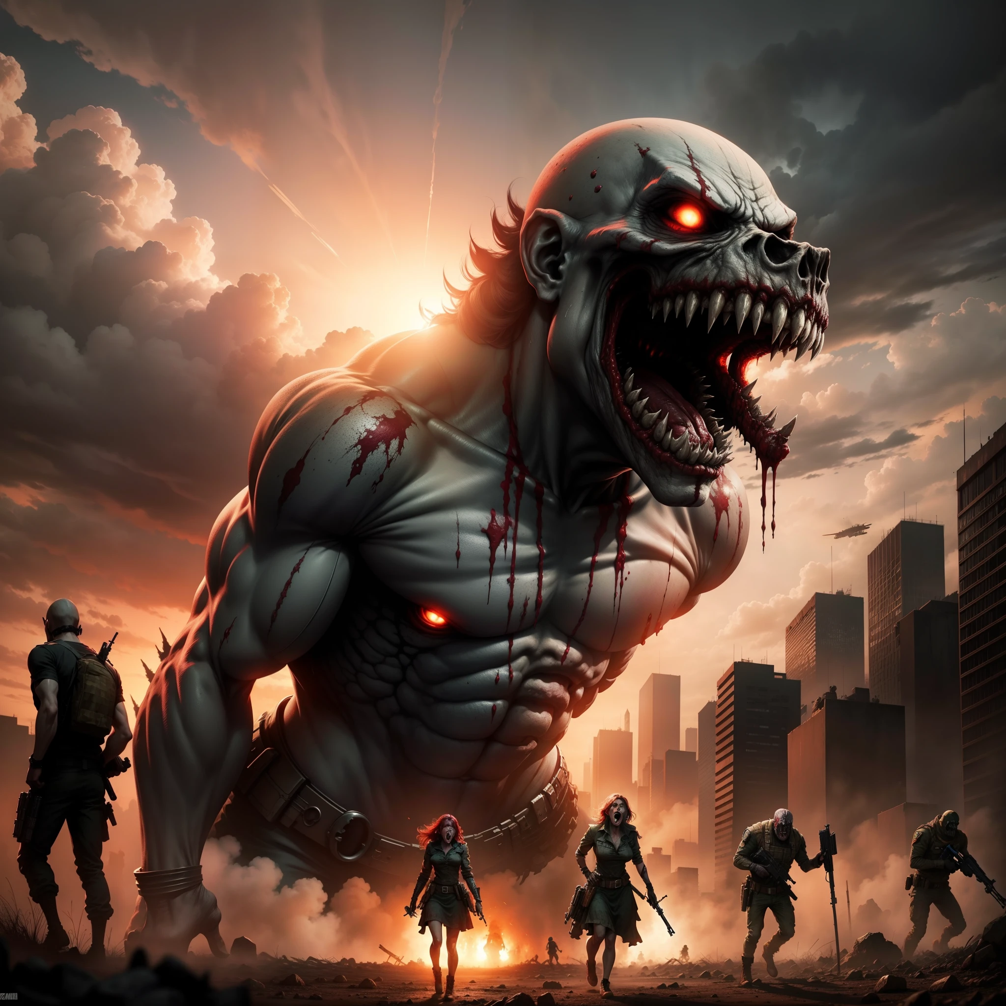 Doomsday wasteland scene,A mournful roar,Scary zombies,Screaming girl,Soldiers with guns,Underworld forces,Blood-red sky,Gloomy earth