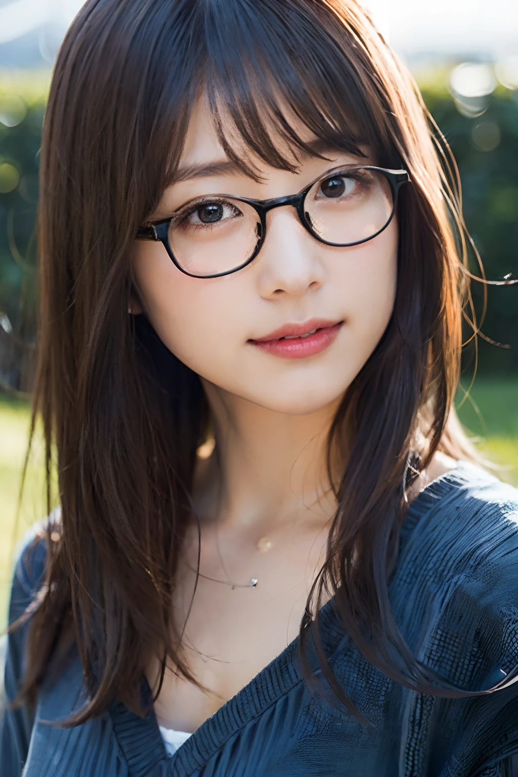 (8K、Raw photography、top-quality、​masterpiece:1.2)、(realisitic、Photorealsitic:1.37)、ultra-detailliert、超A high resolution、女の子1人、see the beholder、beautifull detailed face、Smile like a girl、Constriction、(Slim waist) :1.3)、blue clothing、Beautiful detailed skin、Skin Texture、Floating hair、Professional Lighting、grass field、Black-rimmed square glasses   、Whole human body、Brown hair
