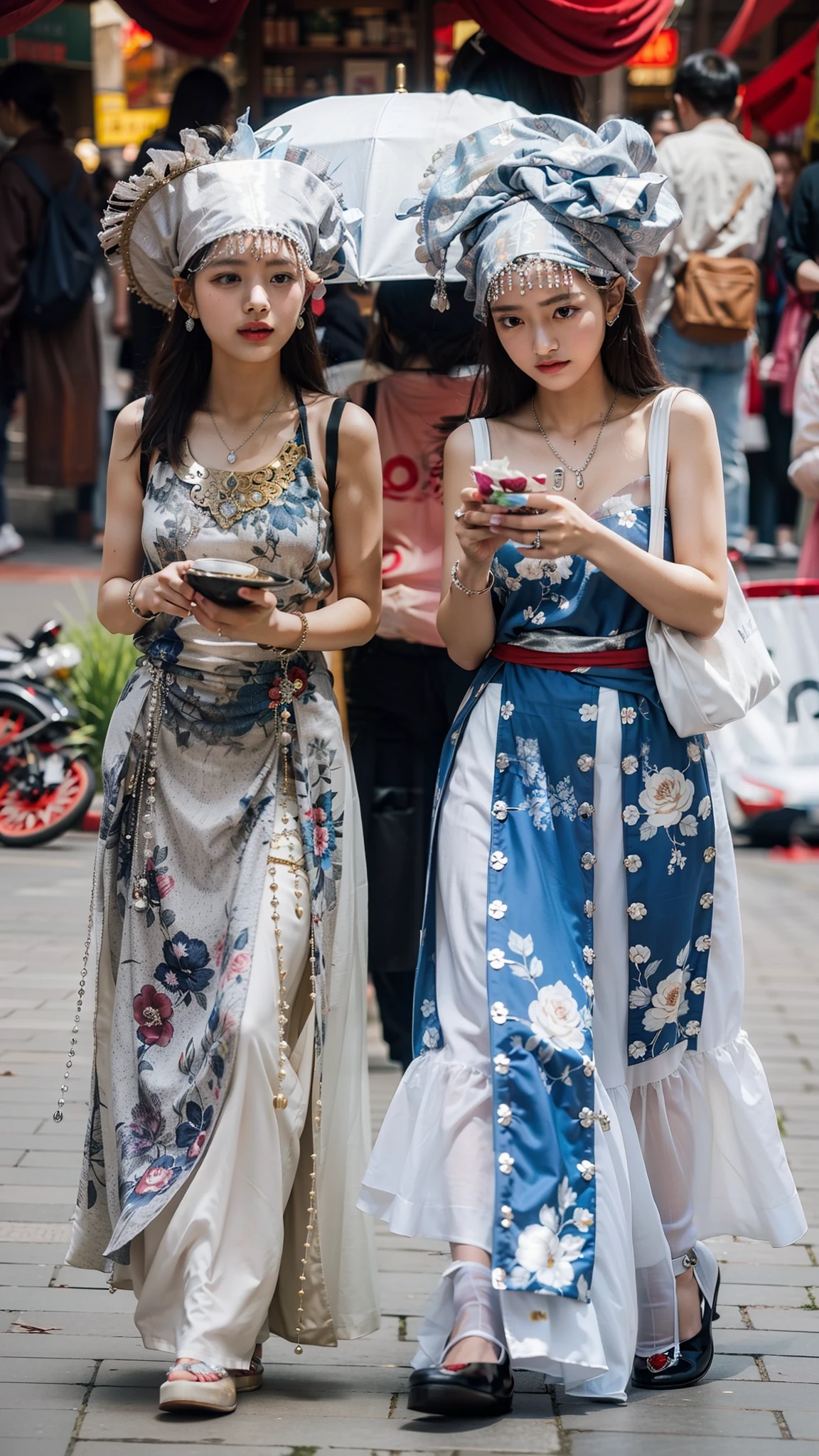 2 girls,Wear traditional clothing,Tujia,silver trinkets,