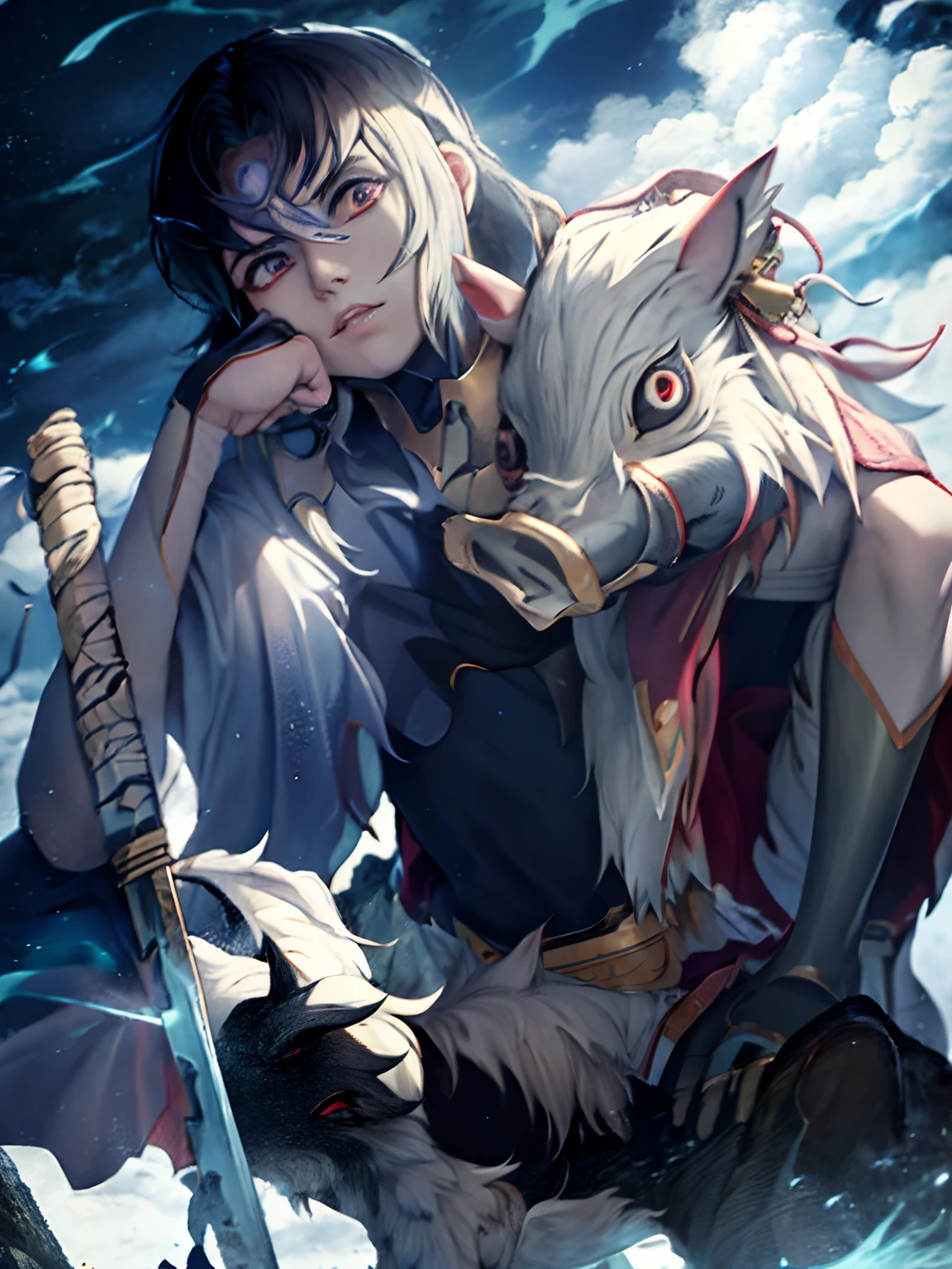 anime guy with a white dog and a sword in his hand,  standing on a rock, studio ghibly style mononoke, mononoke, by Kamagurka, advanced digital anime art, ((mountain backgrounds)), ((ultra wide angle))