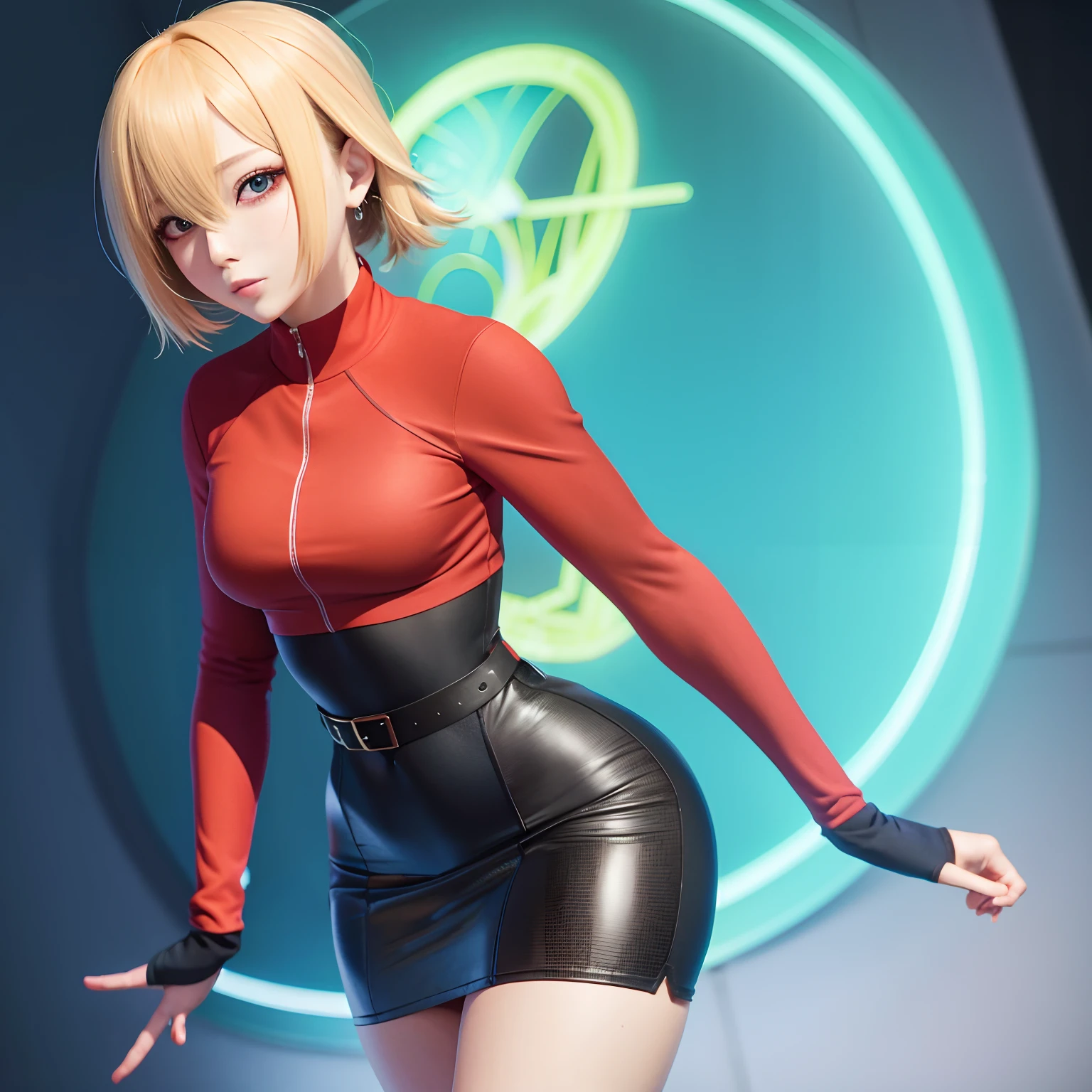 Anime style female, skin-tight clothing, very small waist, sexy, curvy body, anime girl, tight skirt