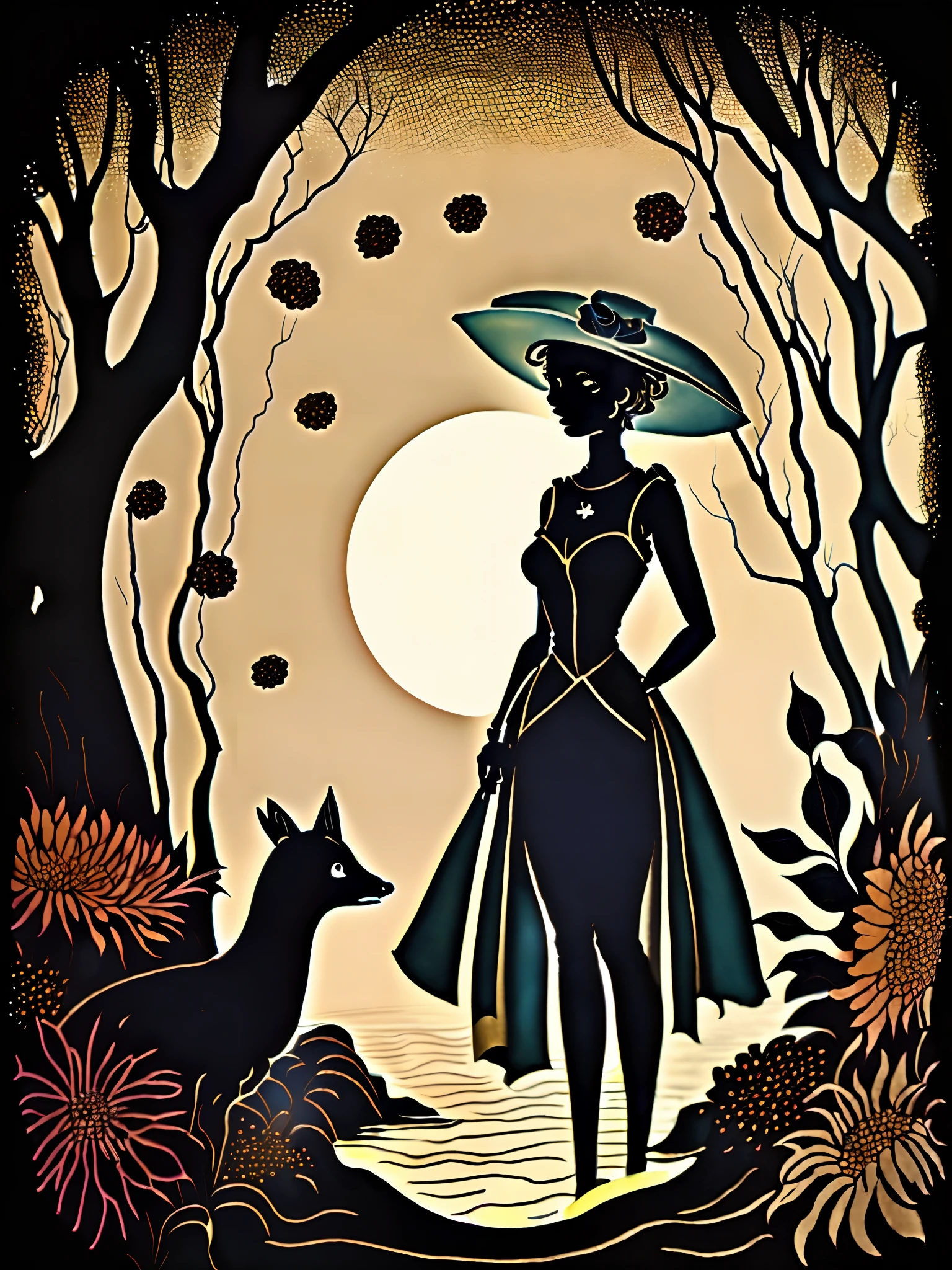 a painting of a person standing in a glowing river at night with a castle in the background, big moon, river, flowers , by Lotte Reiniger
