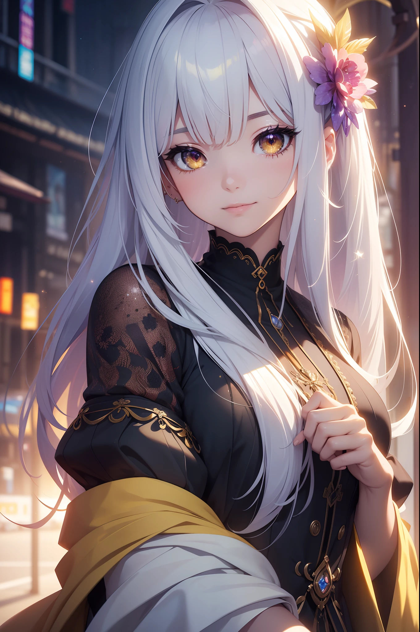 (​masterpiece、top-quality、top-quality、Official art、lightly detailed、Beautifully Aesthetic:1.2)、(1girl in)、(Fractal Art:1.3)、very long hairstyle、silver hair color colorful、large yellow cristal eyes, close up SHOT, face shot, looking to the viewers, smiling face, meaningful expression, wearing casual attire、anime, gorgeous colorful light detail、Intuitive、sharp、Precise focus、insta photo、photo of the year、cinema4d、Dramatic、(3D), back light, sparkles, colorful light,