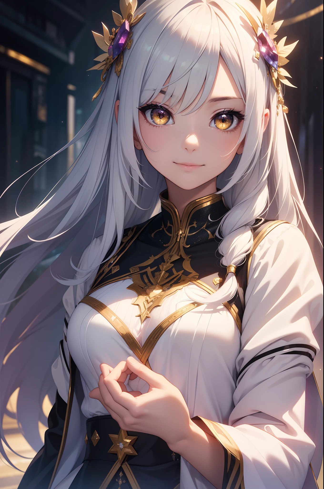 (masterpiece、top-quality、top-quality、Official art、lightly detailed、Beautifully Aesthetic:1.2)、(1girl in)、(Fractal Art:1.3)、very long hairstyle、silver hair color colorful、large yellow cristal eyes, close up SHOT, face shot, looking to the viewers, smiling face, meaningful expression, wearing casual attire、anime, gorgeous colorful light detail、Intuitive、sharp、Precise focus、insta photo、photo of the year、cinema4d、Dramatic、(3D), back light, sparkles, colorful light,