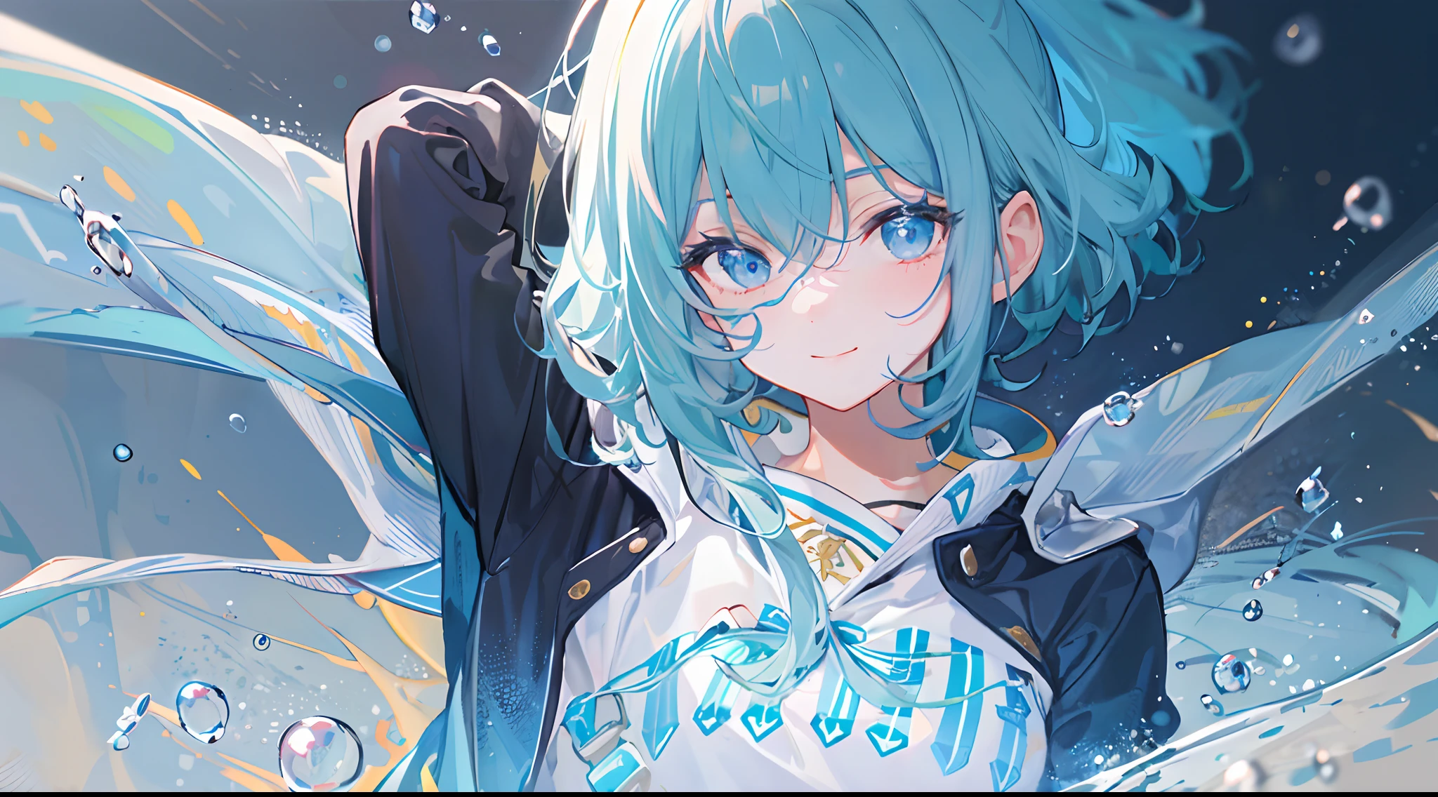 ((top-quality)), ((masterpiece)), ((ultra-detailliert)), (extremely delicate and beautiful), girl with, 独奏, cold attitude,((Black jacket)),She is very(relax)with the(Settled down)Looks,A dark-haired, depth of fields,evil smile,Bubble, under the water, Air bubble,bright light blue eyes,Inner color with light blue hair and dark blue tips,Cold background,Bob Hair - Linear Art, shortpants、knee high socks、White uniform like school uniform、Light blue ribbon ties、Clothes are sheer、Hands in pockets