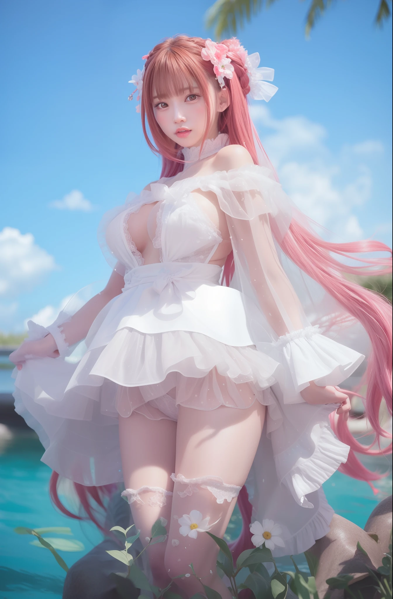 (8k, RAW photo, best quality, masterpiece:1.2), (realistic, photo-realistic:1.37), best quality, ultra high res, light leaks, dynamic lighting, slim, smooth skin, (pureerosface_v1:1), kpop idol,(beautiful detailed face:1),(freebuffing:1.2), outdoors, ulzzang-6500, 1girl, full body, from front, front view, (round face:1.2), (round chin:1.2),WHITE bikini