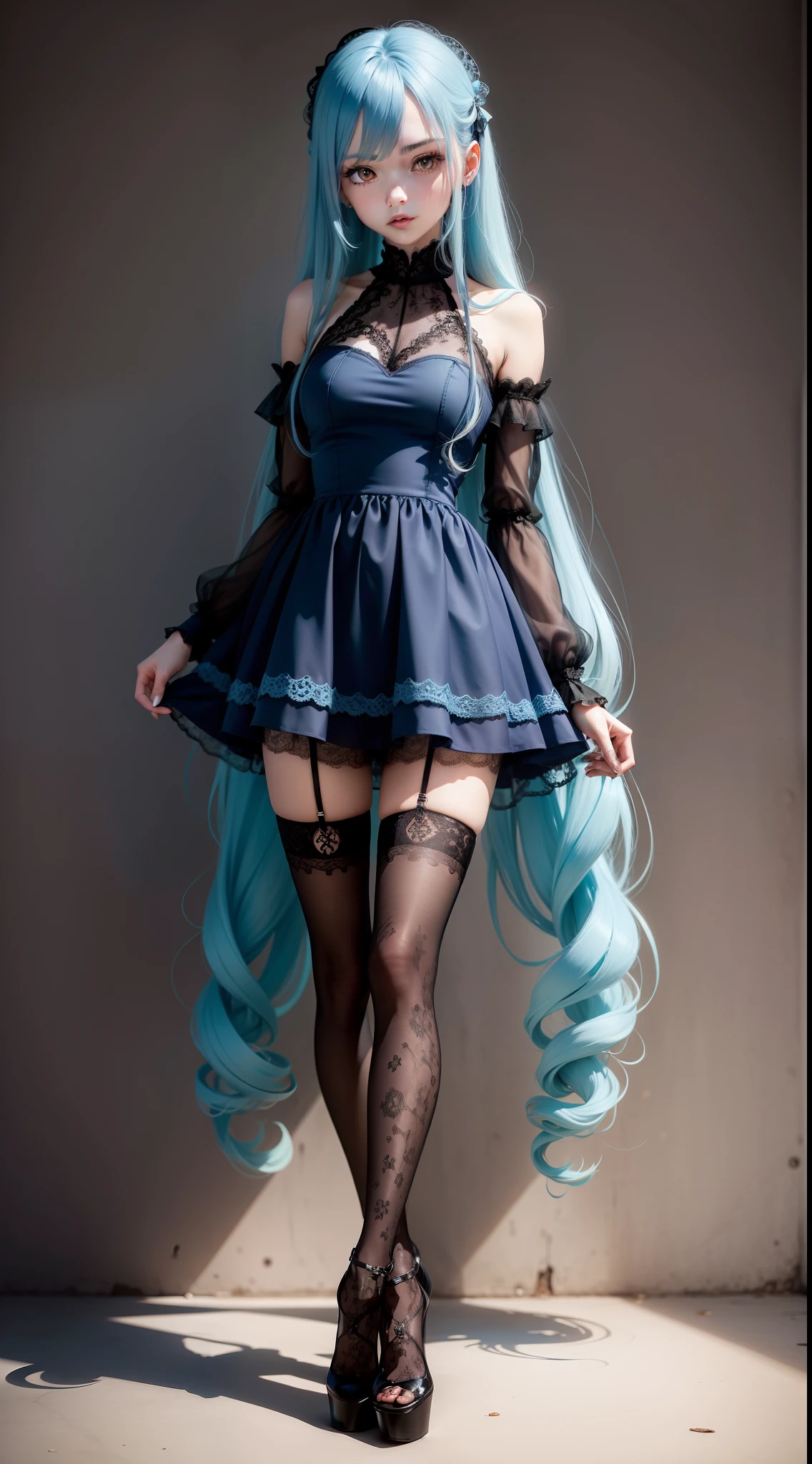 Emo girl with long blue hair in a lacy tight and short dress, with knee-high heels, full body