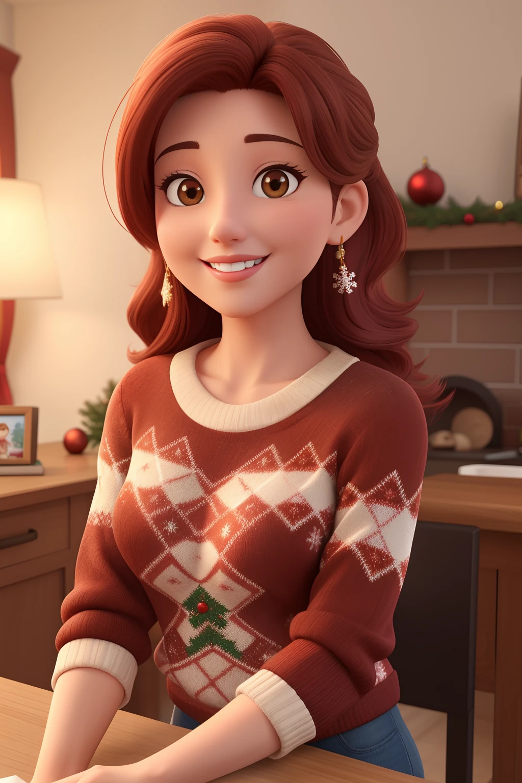 A woman in her 30's, a mother, with hazel hair, charming smile, brown eyes, wearing Christmas sweater. 3d cartoon