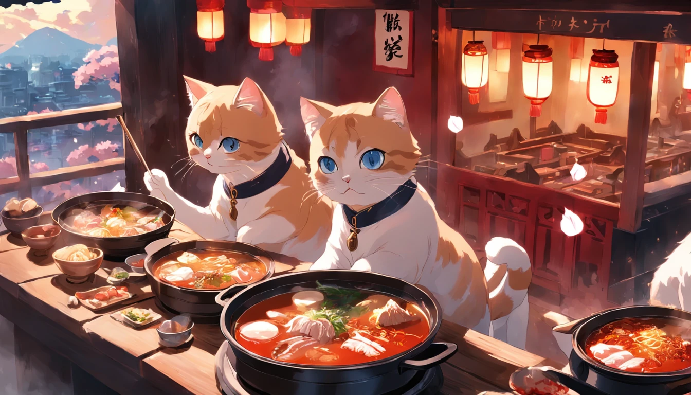 Three cats eating hot pot,Red pot,The hot pot restaurant is lively inside