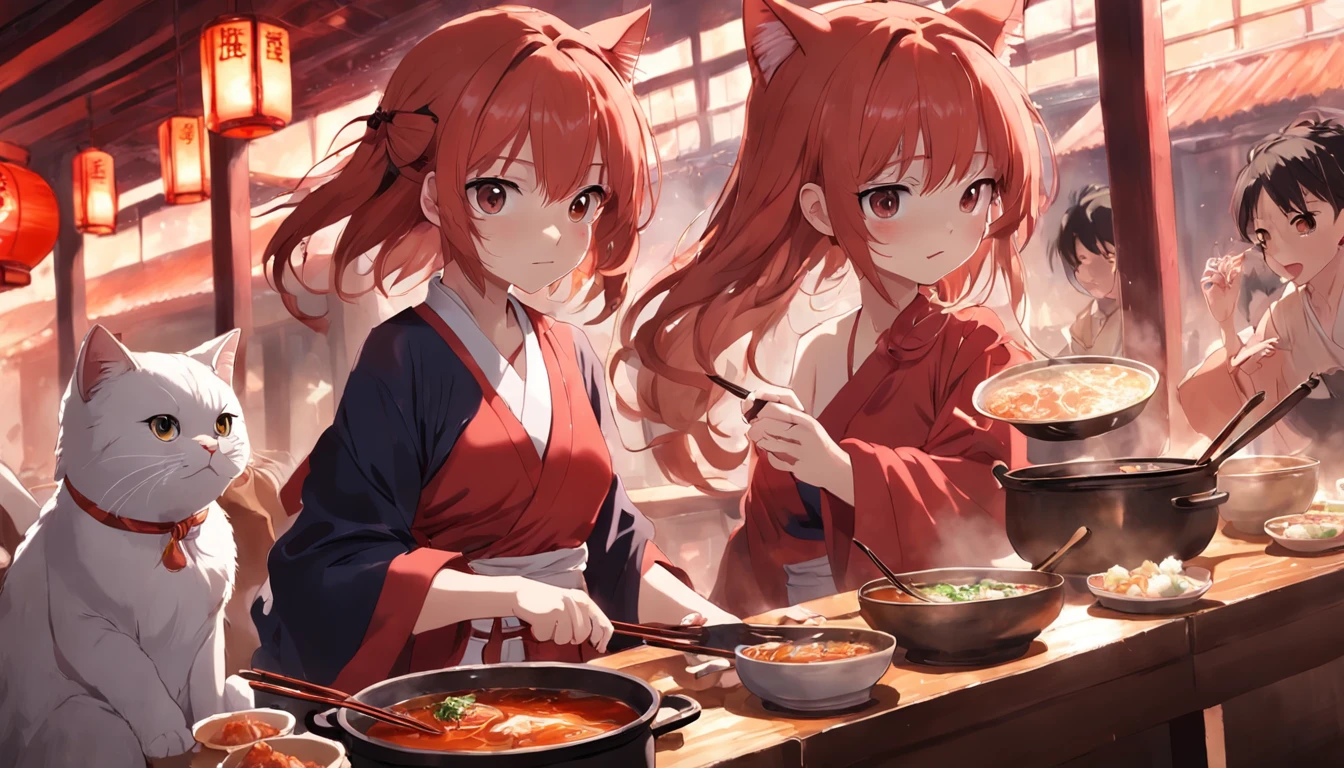 Three cats eating hot pot,Red pot,The hot pot restaurant is lively inside