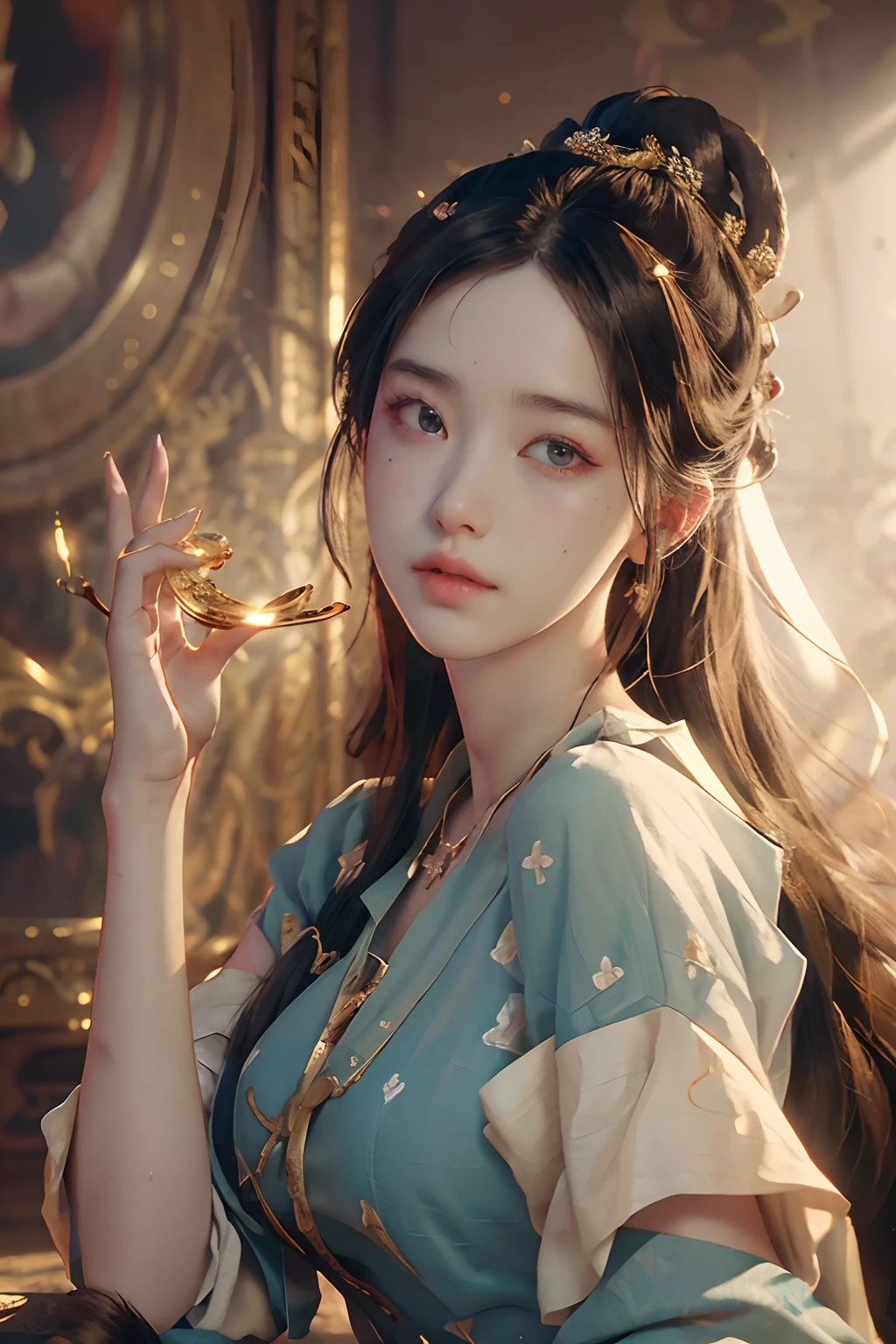 (RAW photo, best quality), (realistic, photo-realistic:1.3),best quality,highly detailed,masterpiece,ultra-detailed,illustration,1girl,upper_body,dynamic angle,world masterpiece theater,messy_long_hair,best quality,extremely detailed CG unity 8k wallpaper,ink,Amazing,cinematic lighting,lens_flare, dunhuang_style