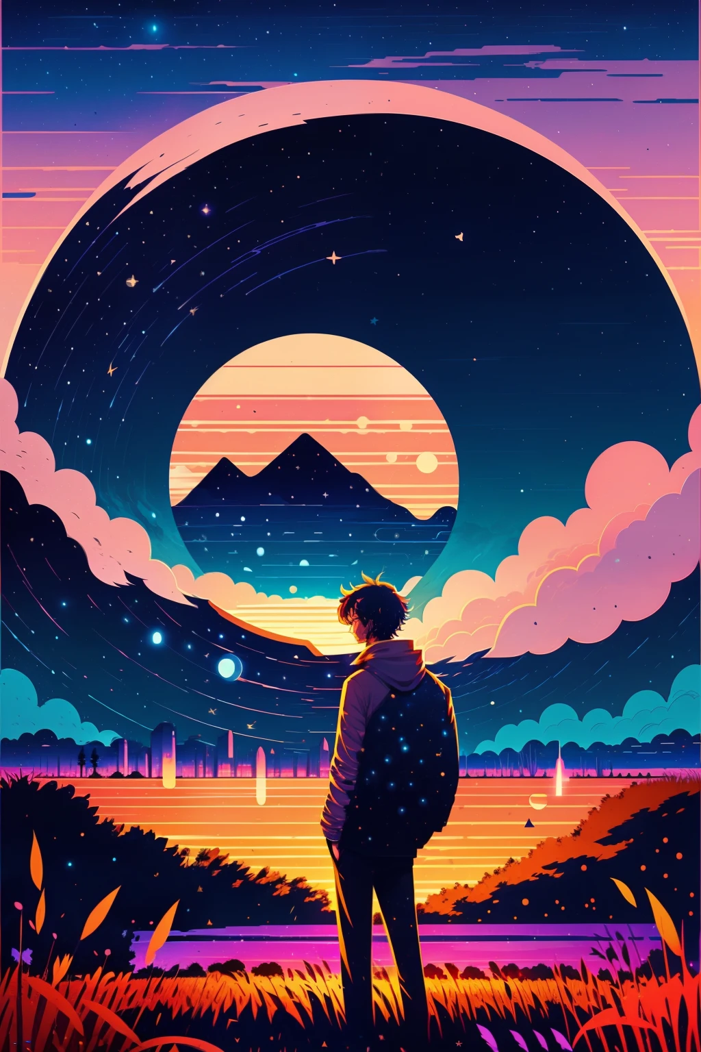 anime art of a man standing in a field with a giant moon in the sky, background art, jen bartel, quiet night. digital illustration, background art, lofi art, detailed sky, lofi art style, anime background art, anime sky, sky, night sky, in the style of dan mumford's artwork, anime background, colorful skies