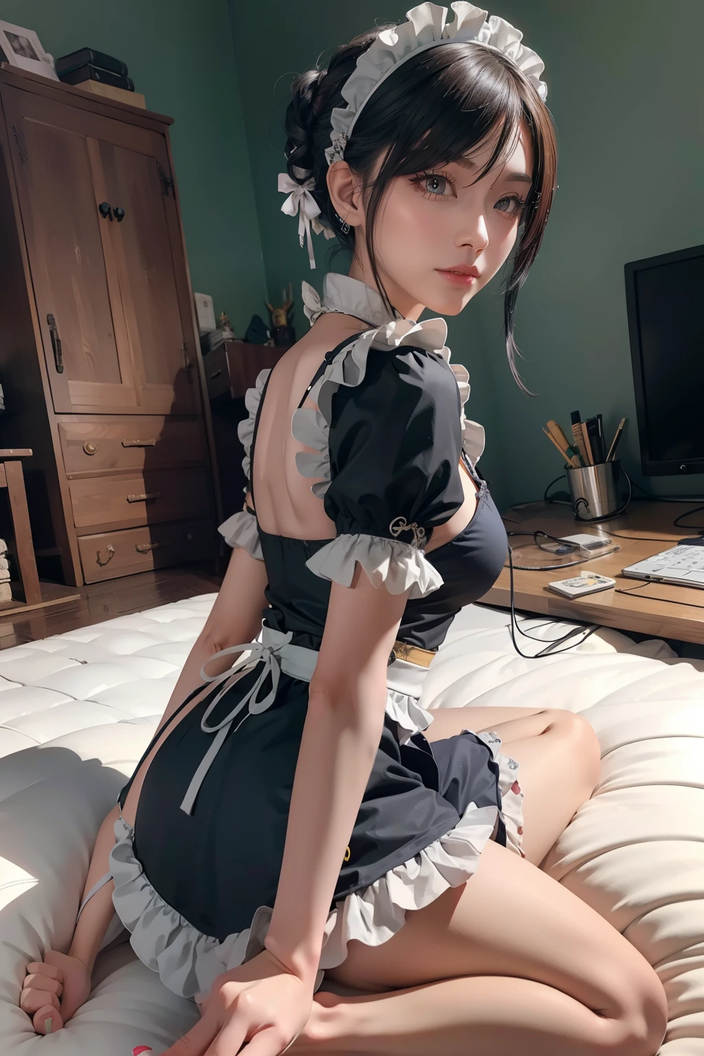 A fusion of rural fantasy and modern technology, Highly detailed, art  stations, Colorful, interesting background，the maid outfit，Flame it up，a matural female，rimless eyewears，Lie down in bed