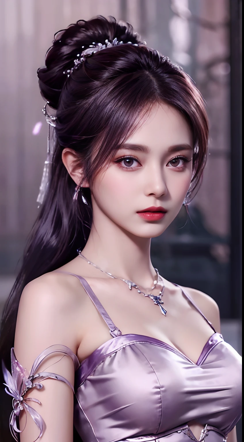 1 beautiful girl in Han costume, thin purple silk shirt with white color with many textures, white lace top, long platinum purple ponytail, Hair Jewelry, ear jewelry, Lilac, necklace and necklace, meticulously drawn large purple eyes, meticulous makeup, Thin eyebrows, High Nose, lovely red lips, pursed lips, rosy cheeks, wide breasts, Big breasts , well-proportioned bust, Slim waist, purple mesh socks, chinese hanfu style, fictitious art textures, vivid and realistic colors, RAW Photos, Realistic Photos, ultra high quality 8k surreal photos, (effective fantasy light effect: 1.8), 10x pixel, magical effect (Background): 1.8), ultradetailed eyes, girl body portrait, ancient hanfu background,